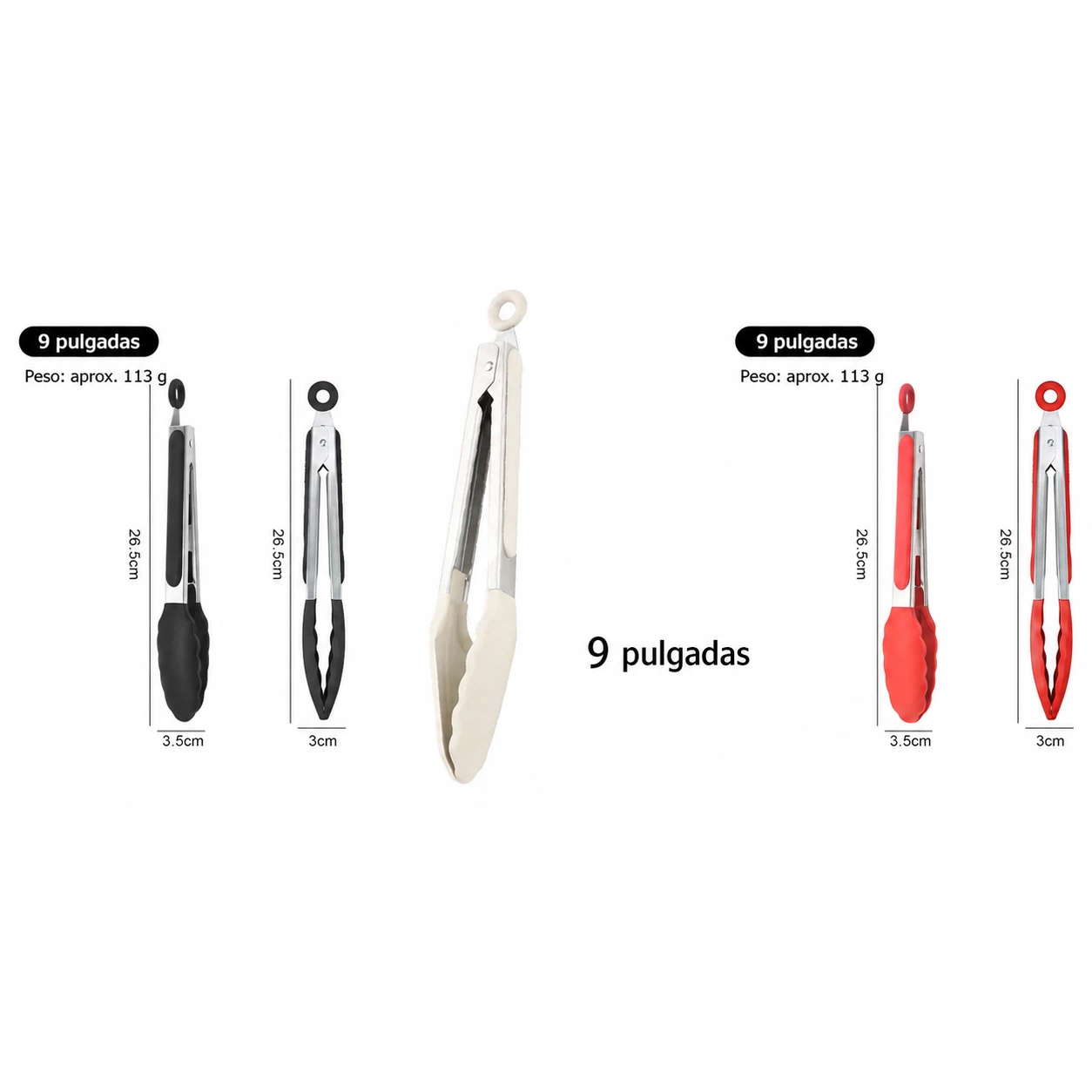 Pinza para Alimentos para Preparar Alimentos de Silicona y Acero Inoxidable Negro / Blanco / Rojo