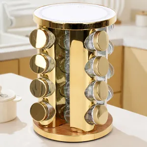 Organizador Giratorio de Especias de Acero Inoxidable y Vidrio Dorado