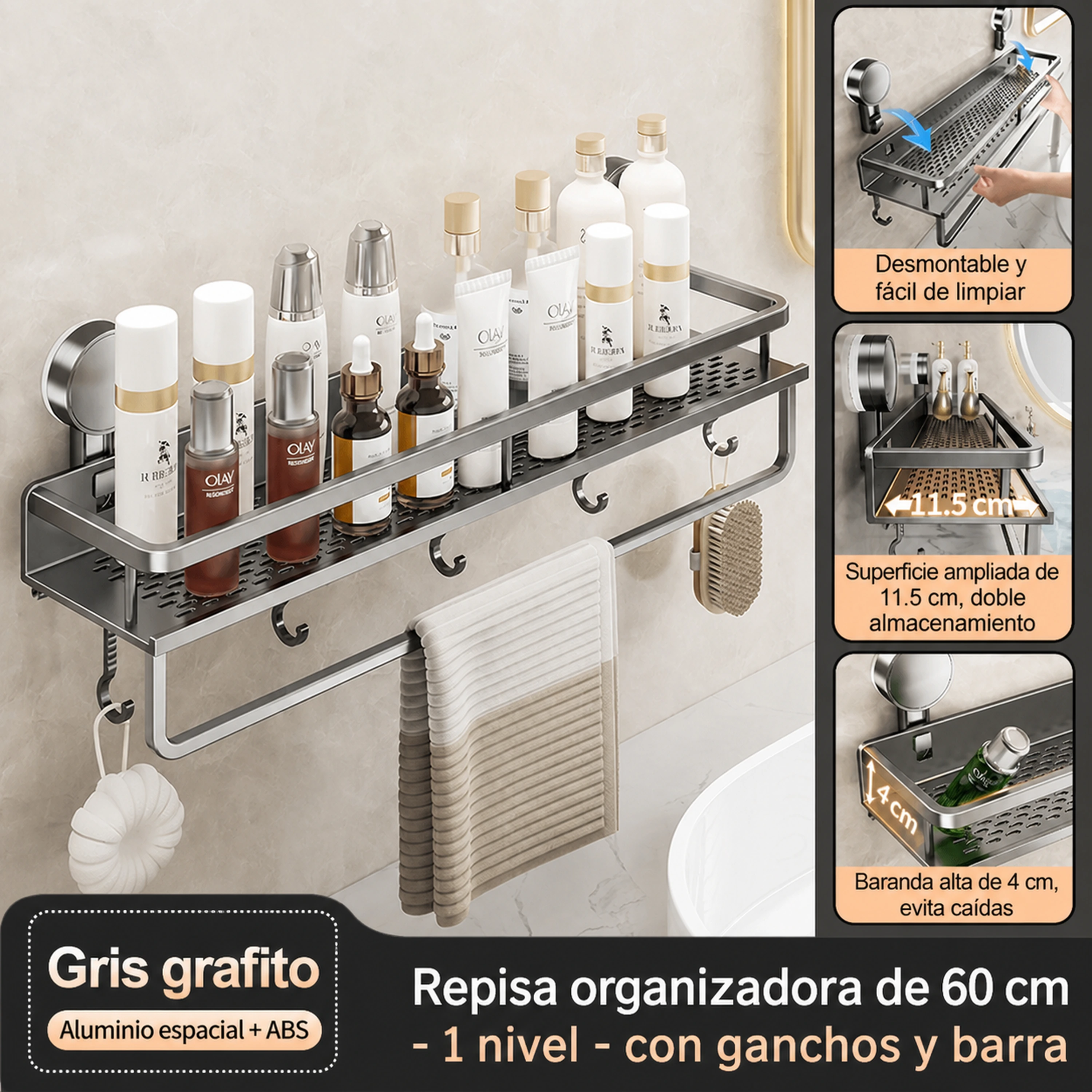 Organizador de pared con ventosa 60cm con gancho y varilla Aleación de aluminio image 2