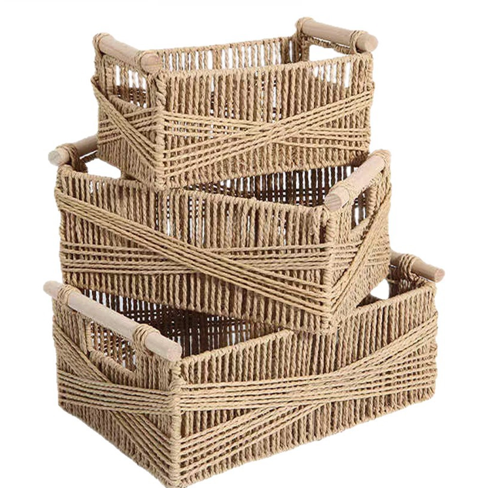 Cesta de Almacenamiento Set de 3 Piezas Tejido de Papel Amarillo Madera