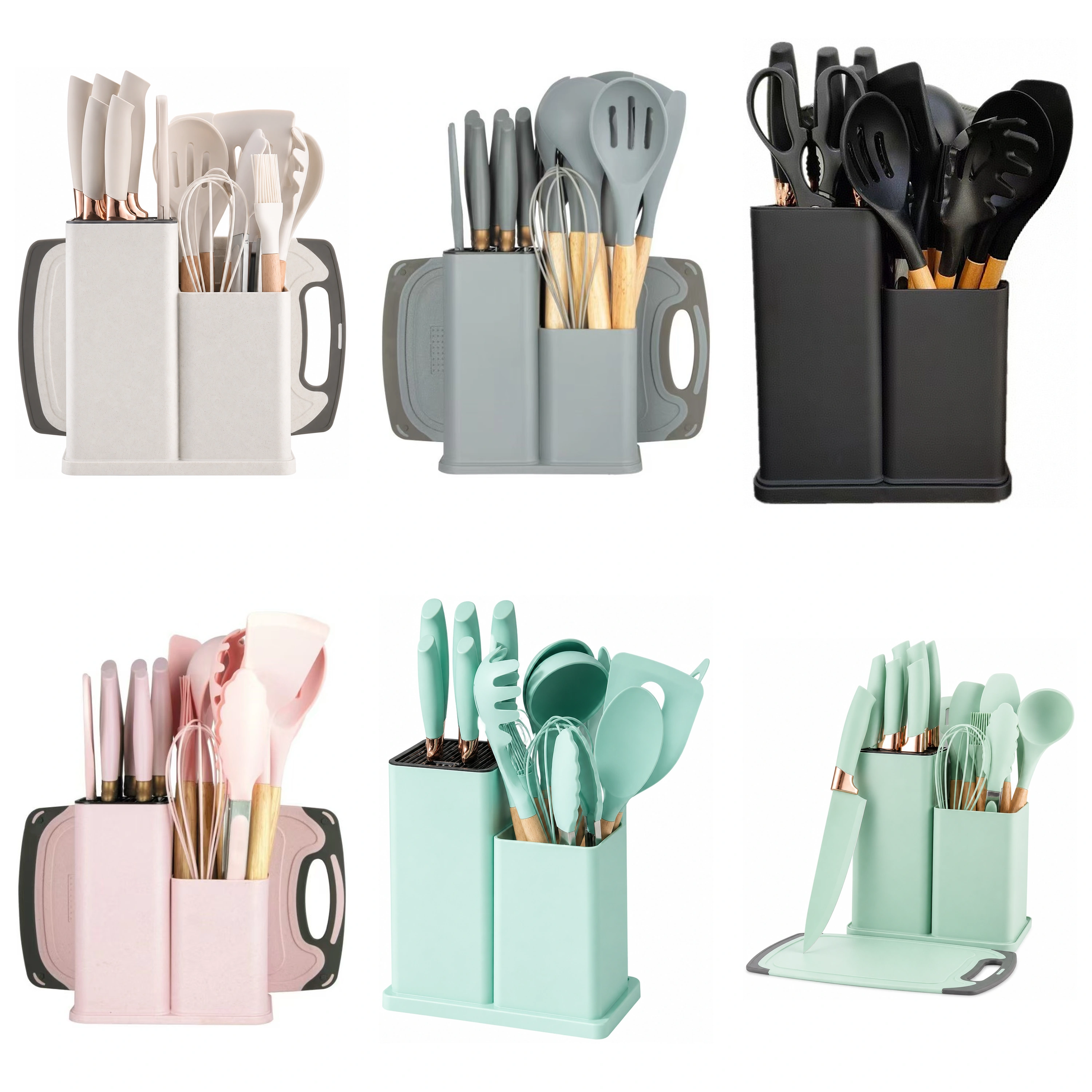 Juego de 19 Utensilios de Cocina para Preparar Alimentos de Silicona, Madera, Acero Inoxidable y Plástico Verde Claro / Verde Oscuro / Blanco Marfil / Negro 19 Piezas