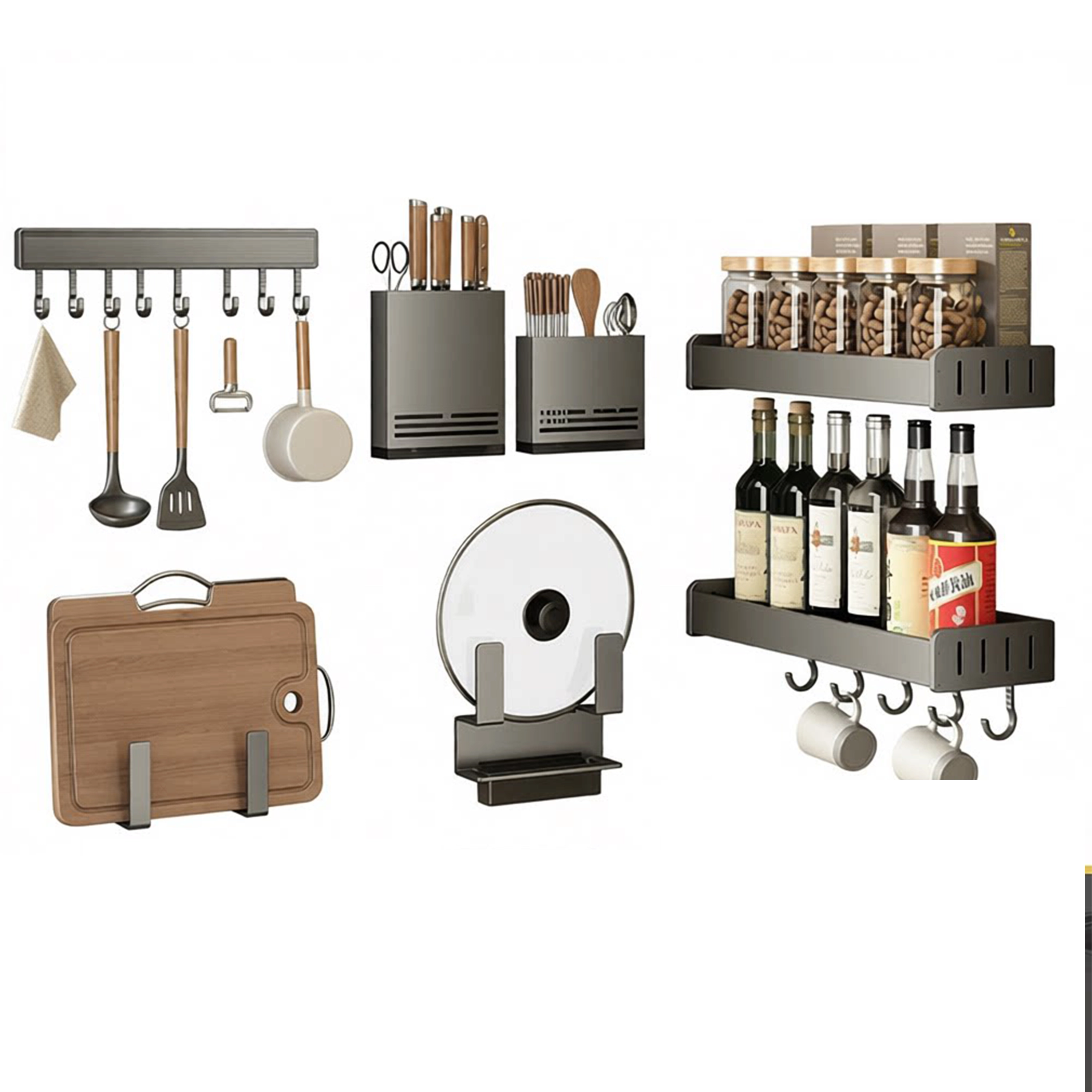 Juego de Organizadores de Cocina de Aluminio Gris Oscuro / Gris Mate
