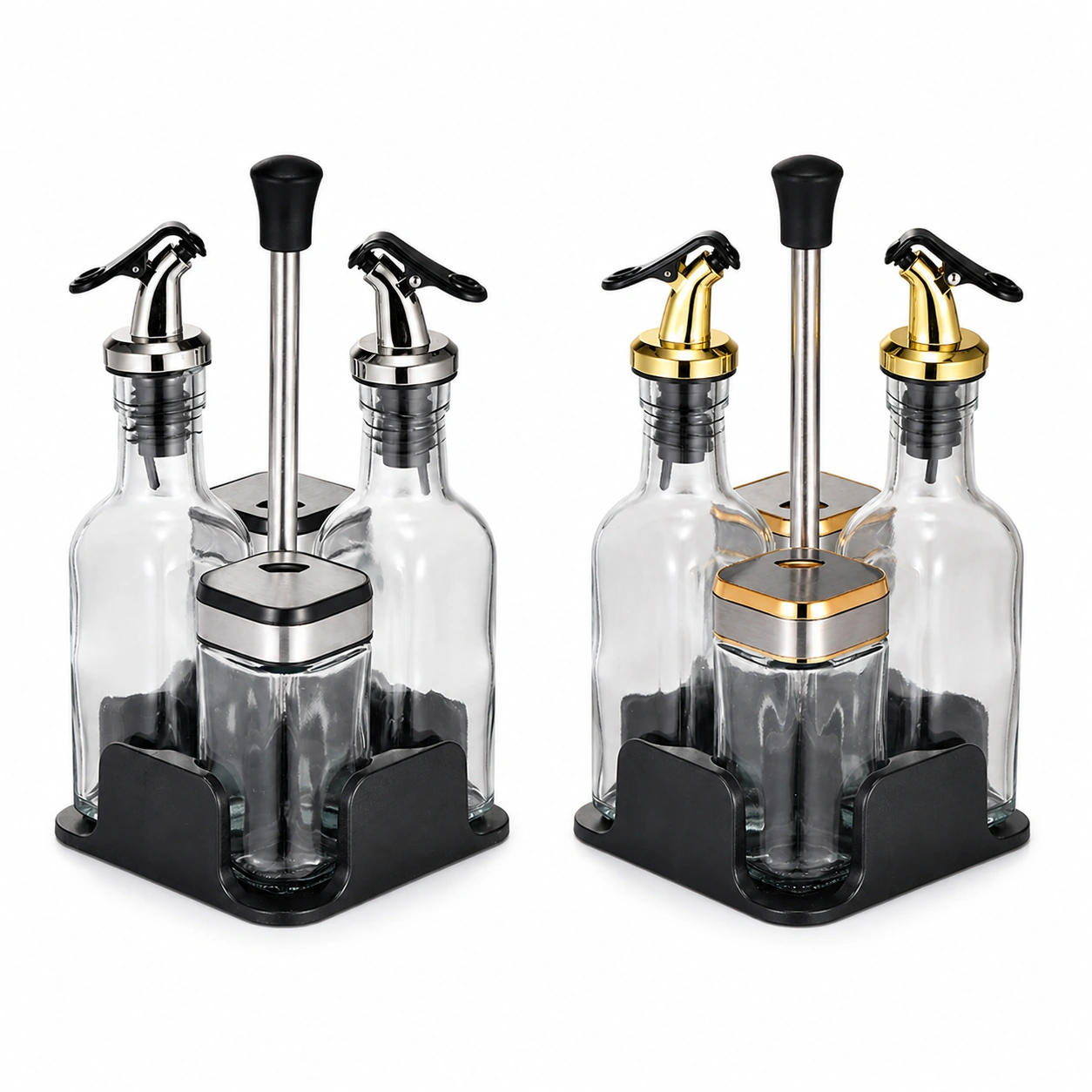 Vidrio, plástico set de botellas de aceite y vinagre con salero y pimentero para condimentar en cocina image 2