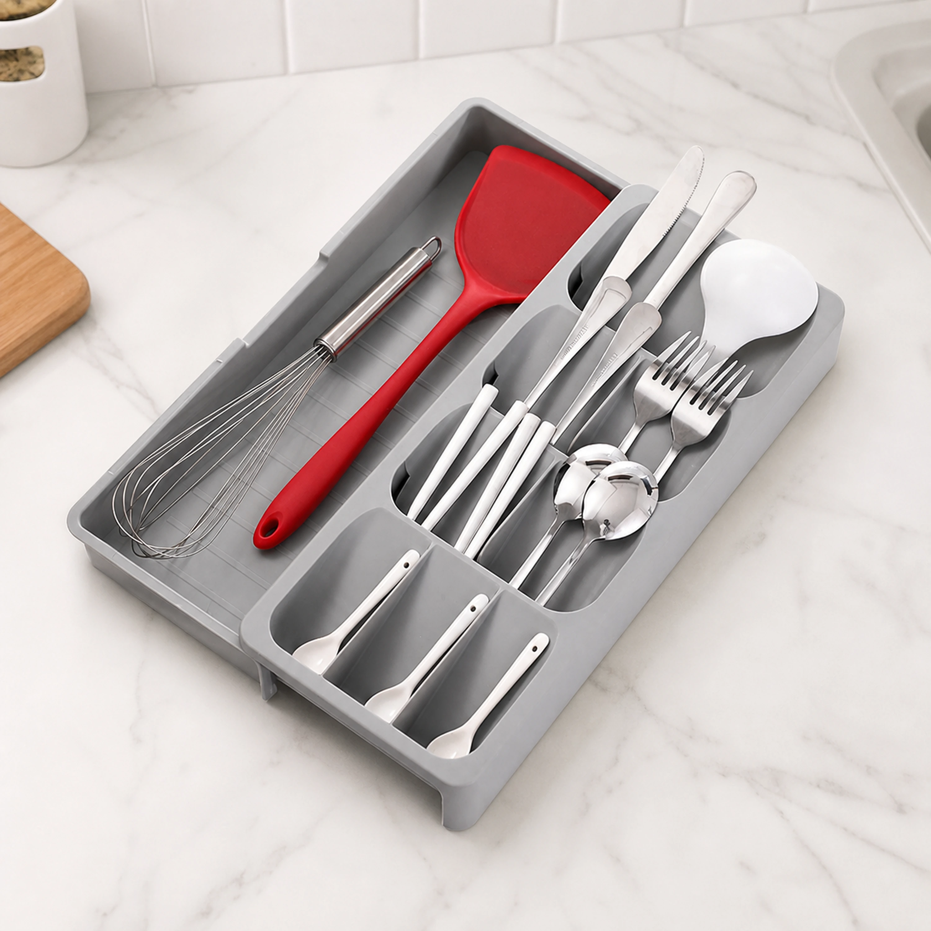 Caja Organizadora de Utensilios de Cocina de Plástico Gris 40.5 x 16.5 x 5.5 cm