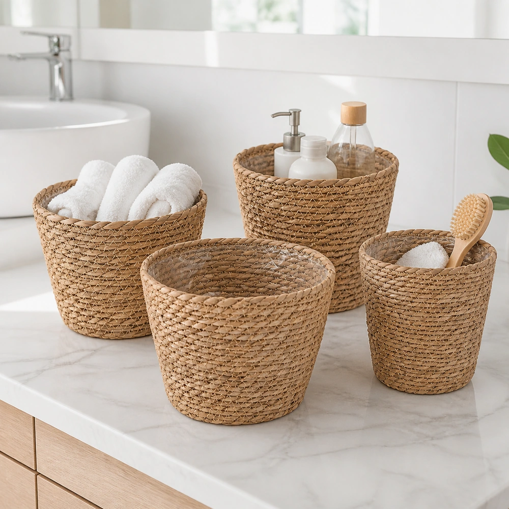 Cesta de almacenamiento set de 4 piezas con forro de película plástica de paja tejida para escritorio image 1