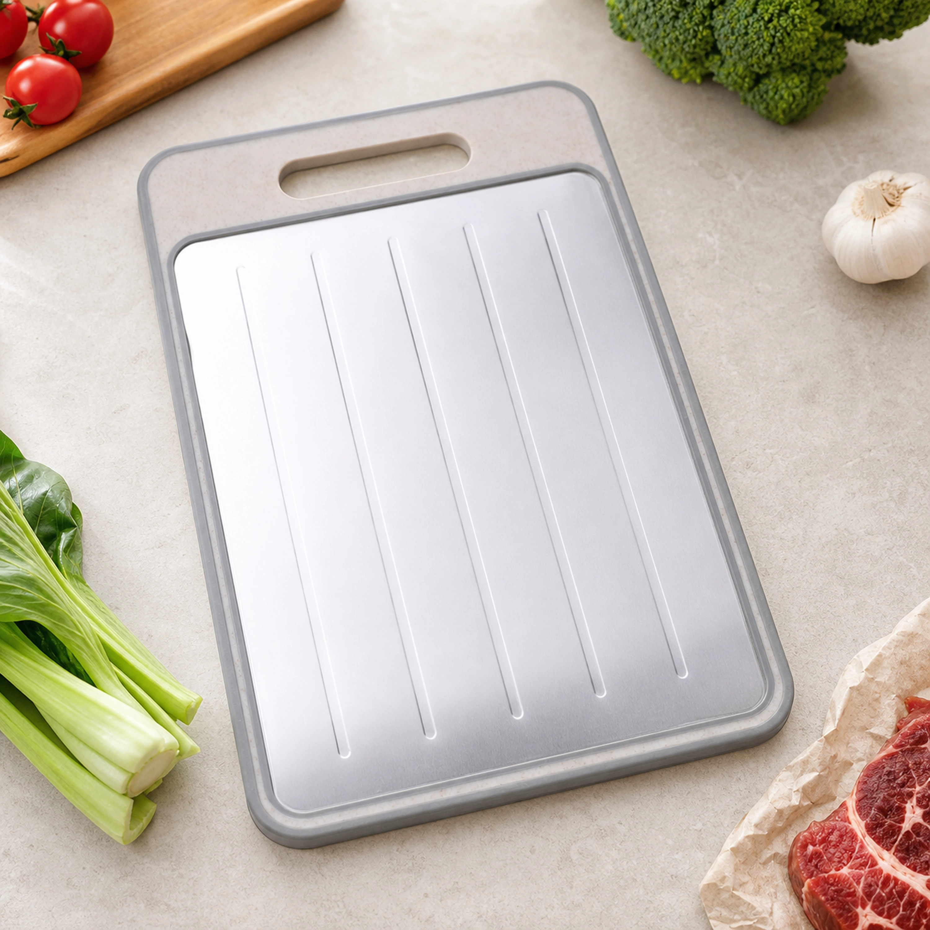 Tabla de Descongelación de Doble Cara para Preparar Alimentos de Aluminio Blanco Marfil image 1