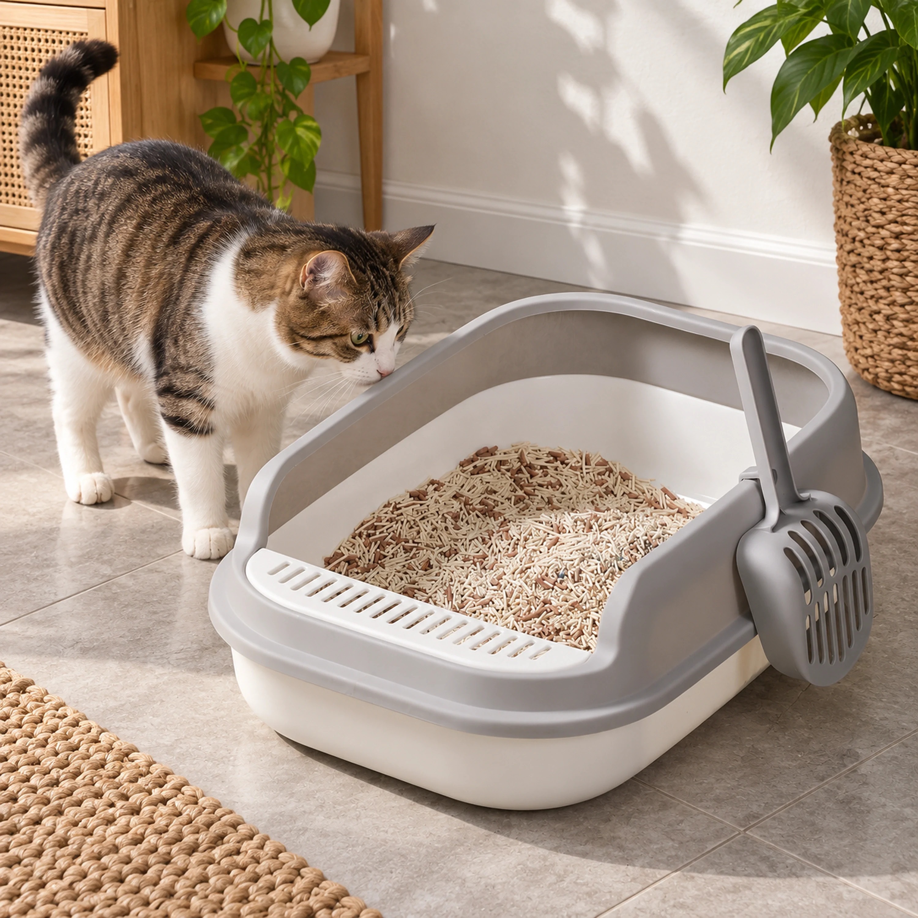 Caja de Arena para Gatos Semiabierta 52 × 36 × 16 CM de Plástico para Mascotas