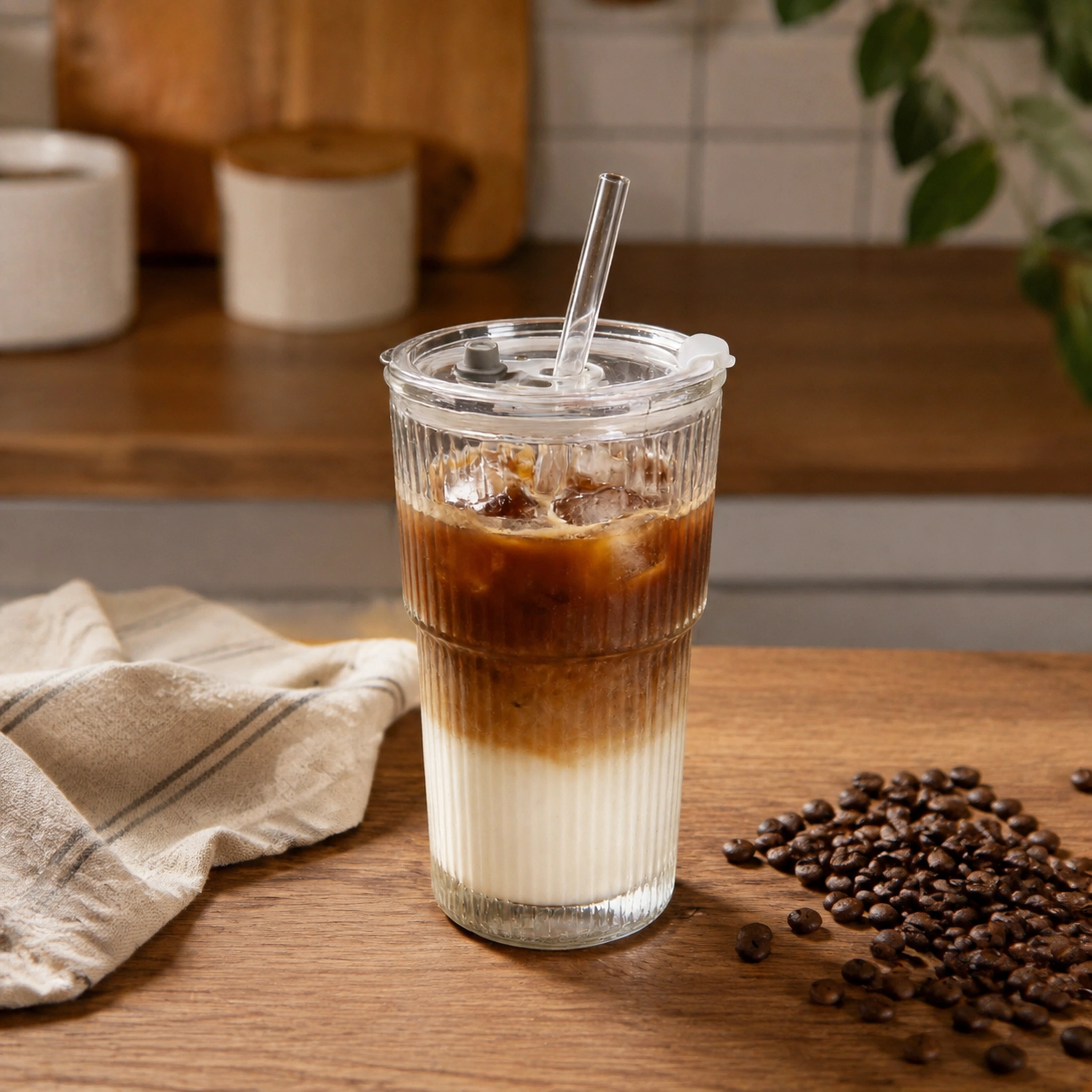 Vaso de Vidrio con Popote 8 × 8 × 20 cm de Vidrio Sódico Cálcico para Té y Café