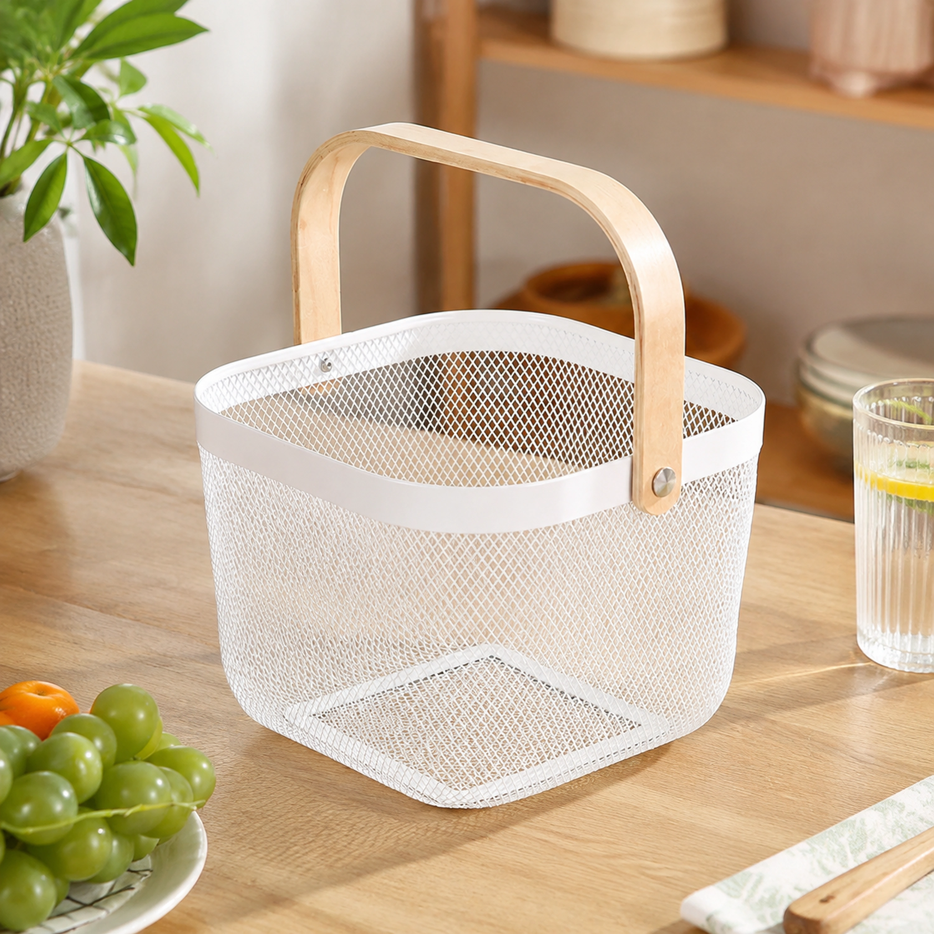 Canasta con Asa de Madera 24.5 × 21 × 18 cm de Acero Inoxidable para Organizar