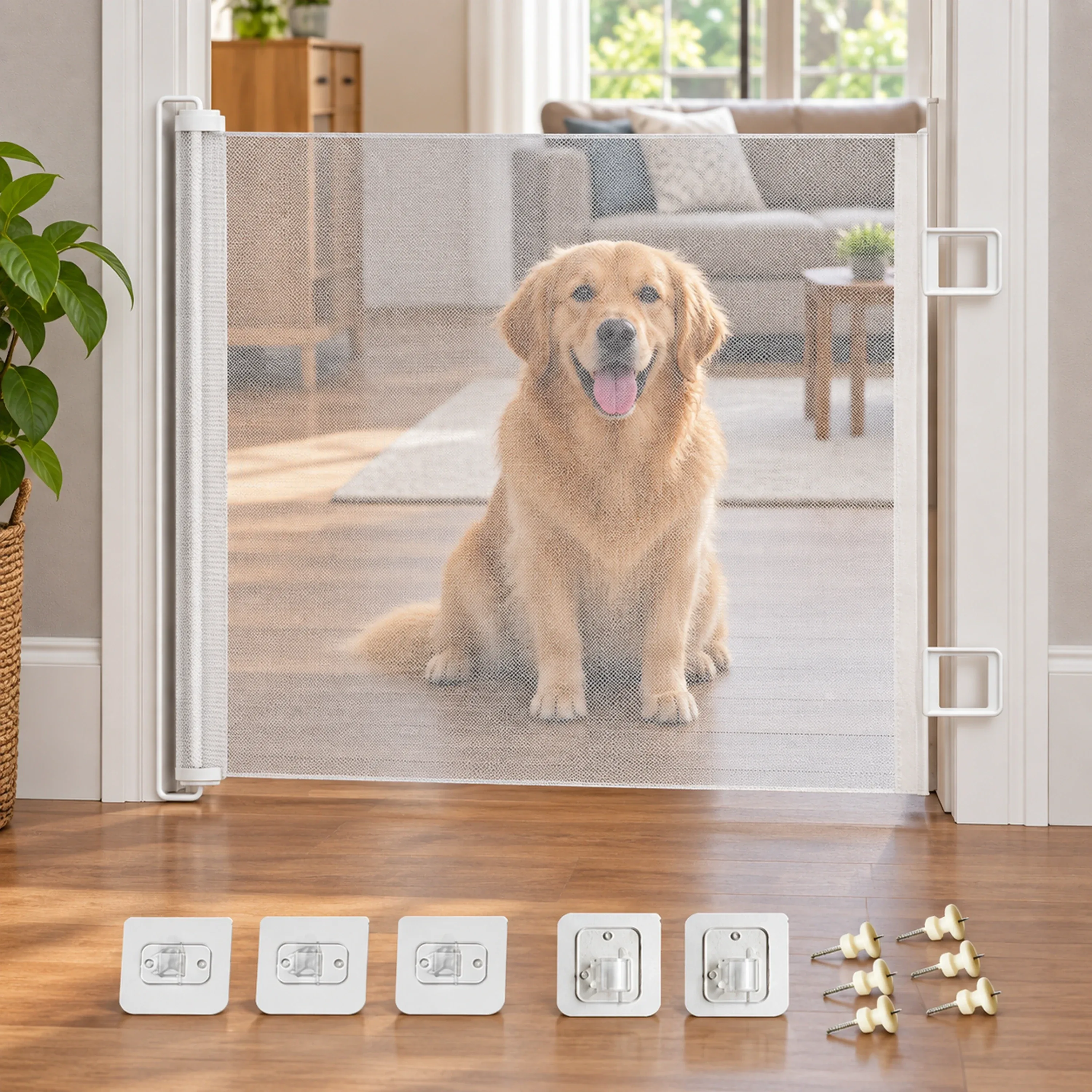 Barrera retráctil para mascotas 150x78cm de malla de PVC color blanco