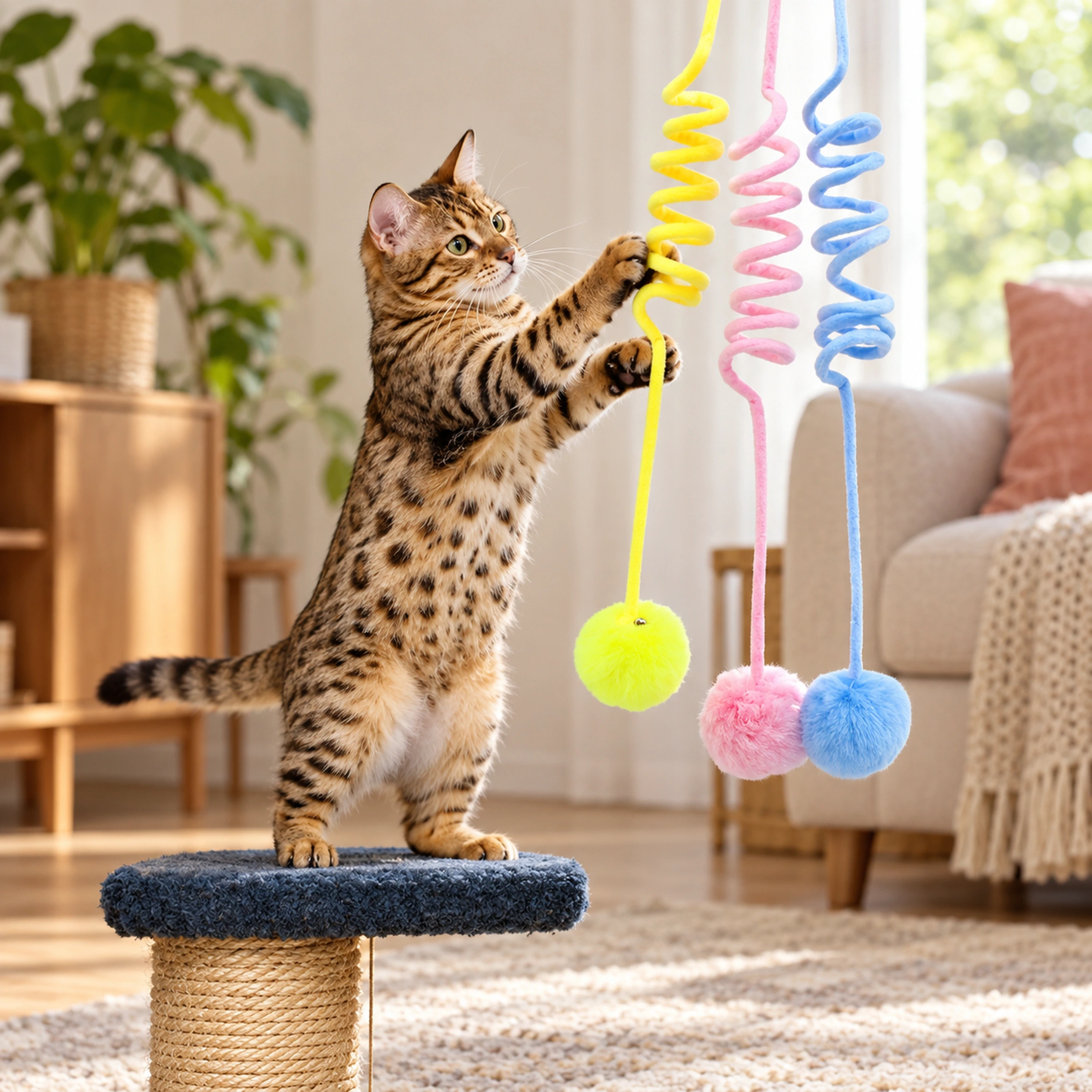 Pelota con Resorte para Gatos 130 × 10 CM de Tela de Felpa y Plástico para Mascotas