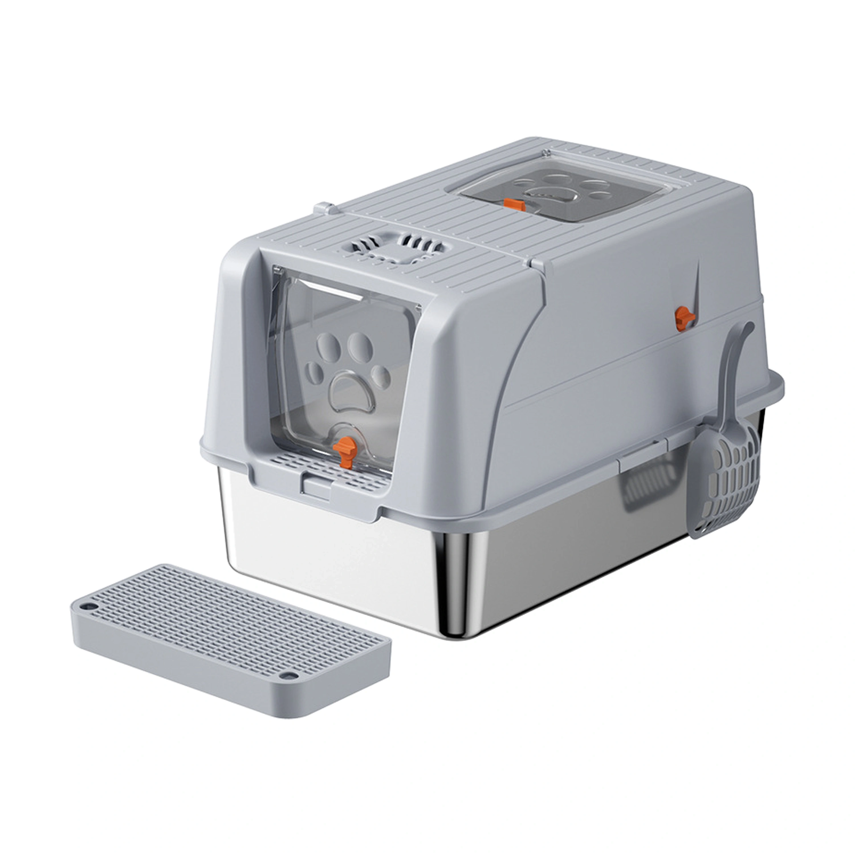 Caja de Arena para Gatos con Tapa Abatible, de Acero Inoxidable y Plástico, 61.5 × 41.5 × 18.5 cm