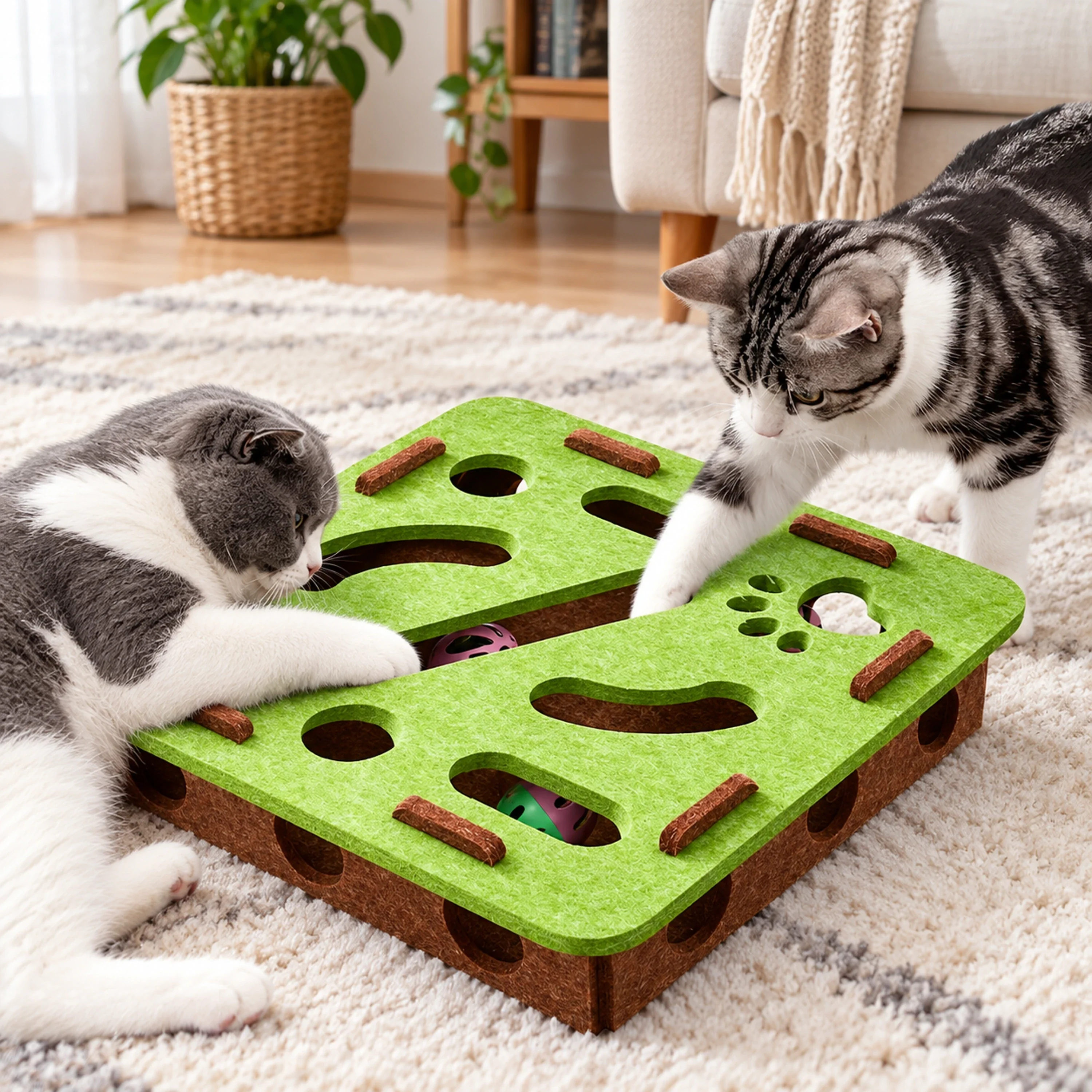 Caja laberinto para gatos 30x30x7.5cm de poliéster color verde y marrón
