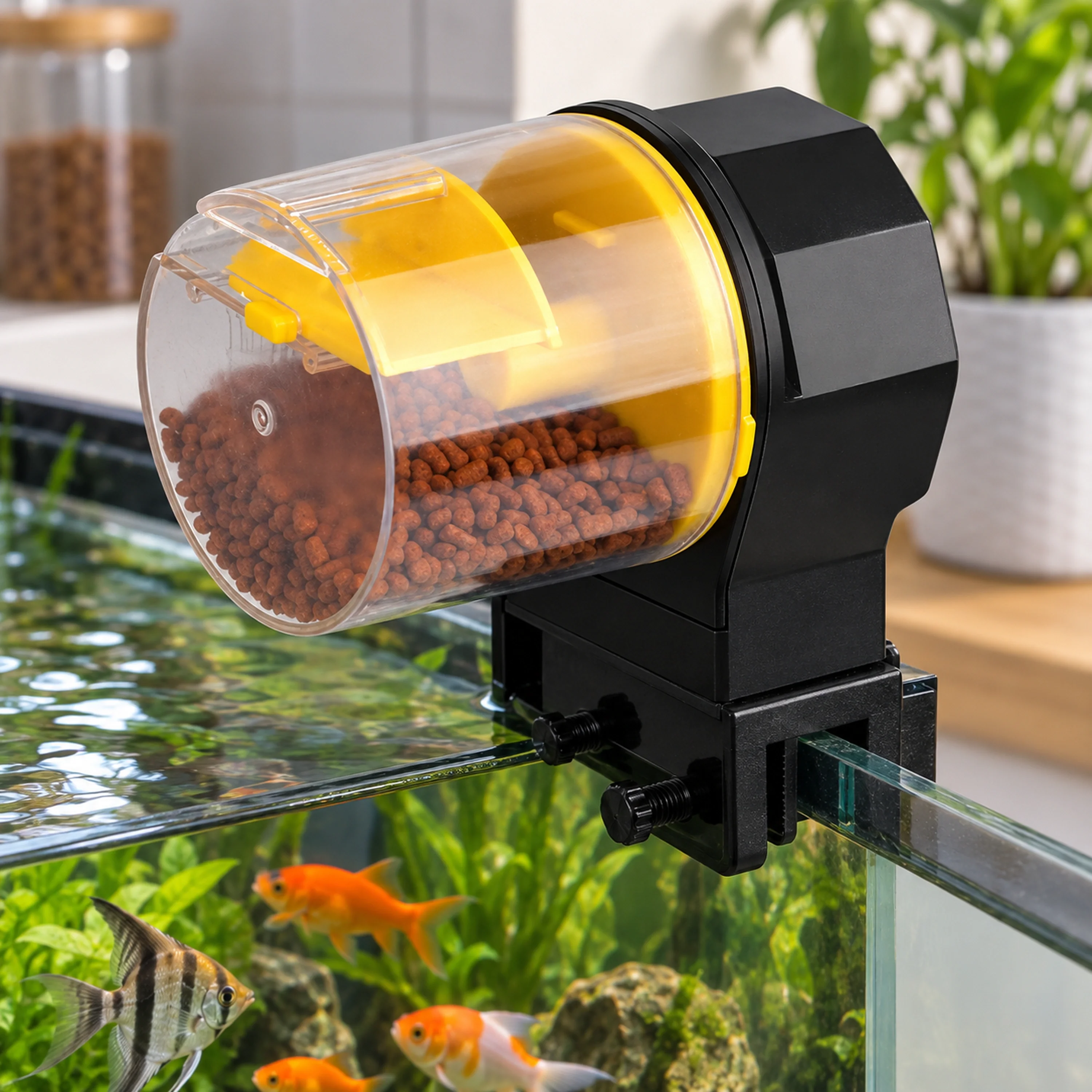 14*12.5*8cm Comedero Automático para Mascotas Plástico+Componentes Electrónicos Amarillo