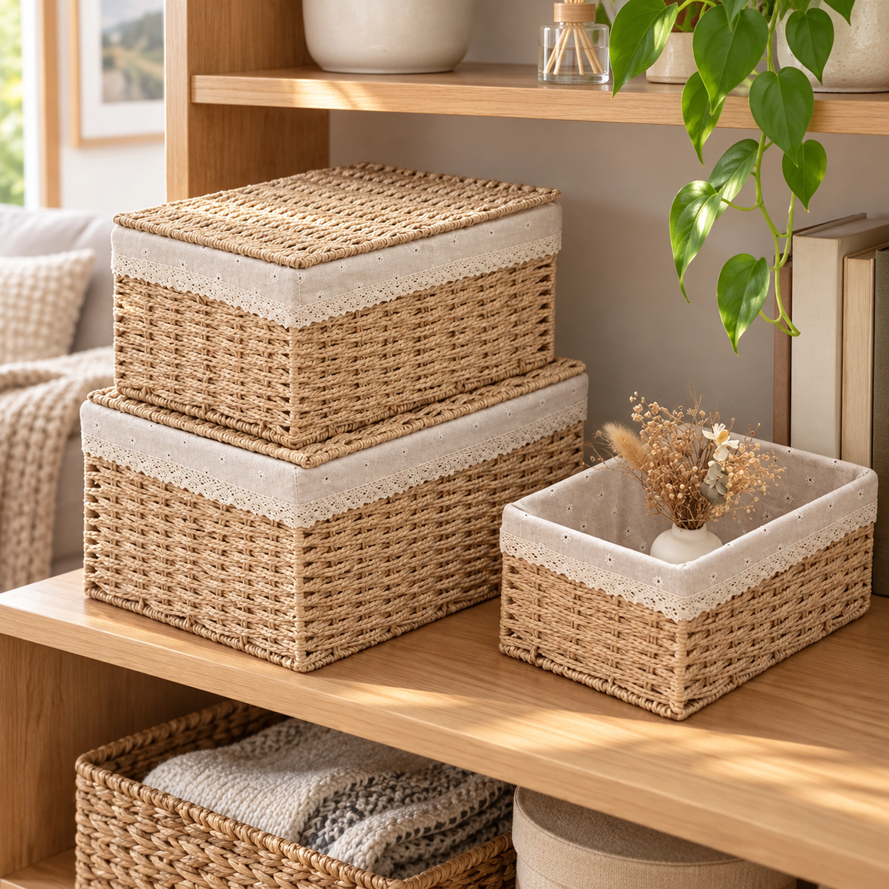 Cesta de Almacenamiento Madera de Bambú Madera Clara 30*20*15cm+35*25*18cm+40*30*21cm