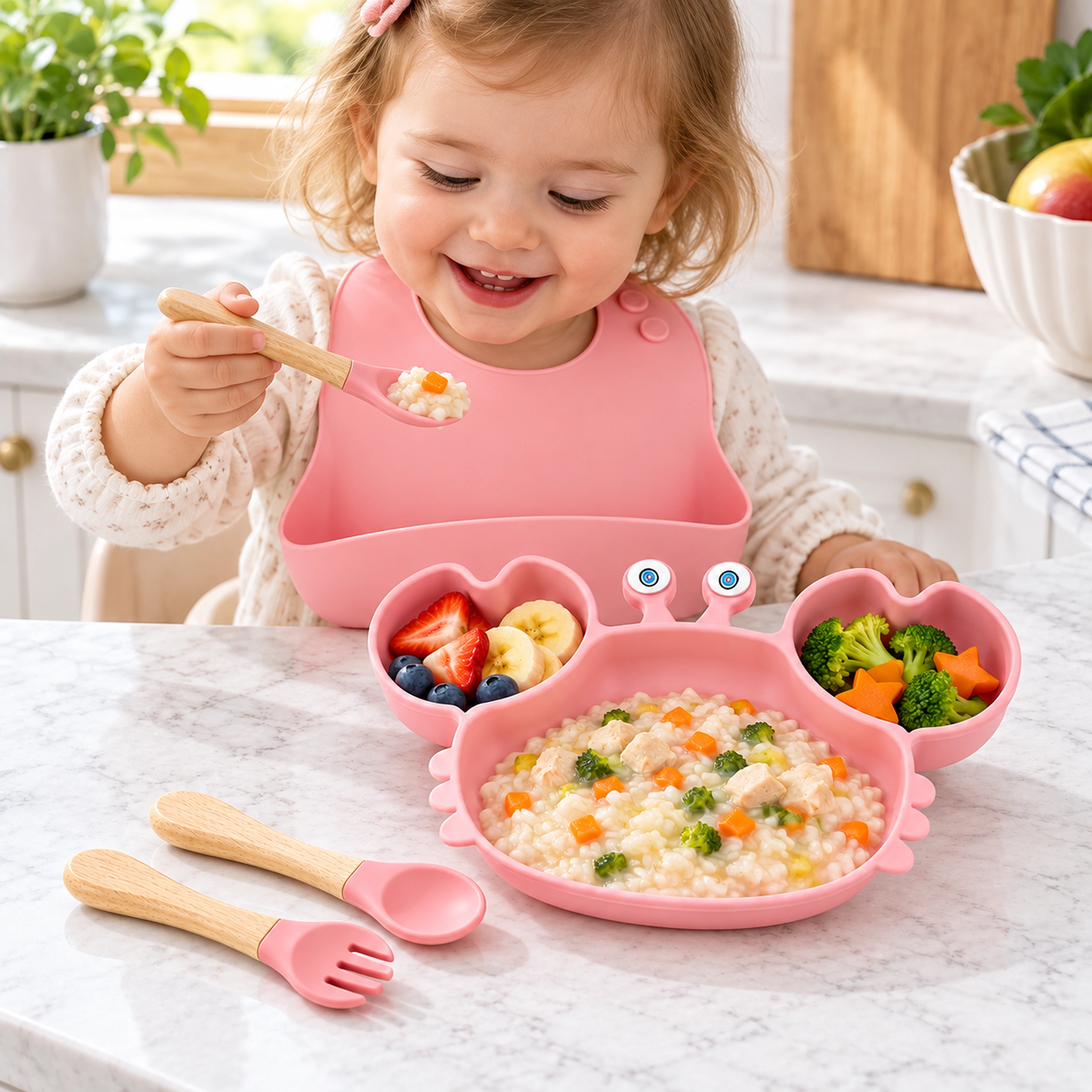Set de 4 Utensilios de Silicona para Alimentación Infantil de 12 x 12 x 30 cm, Plato, Babero, Tenedor y Cuchara image 1