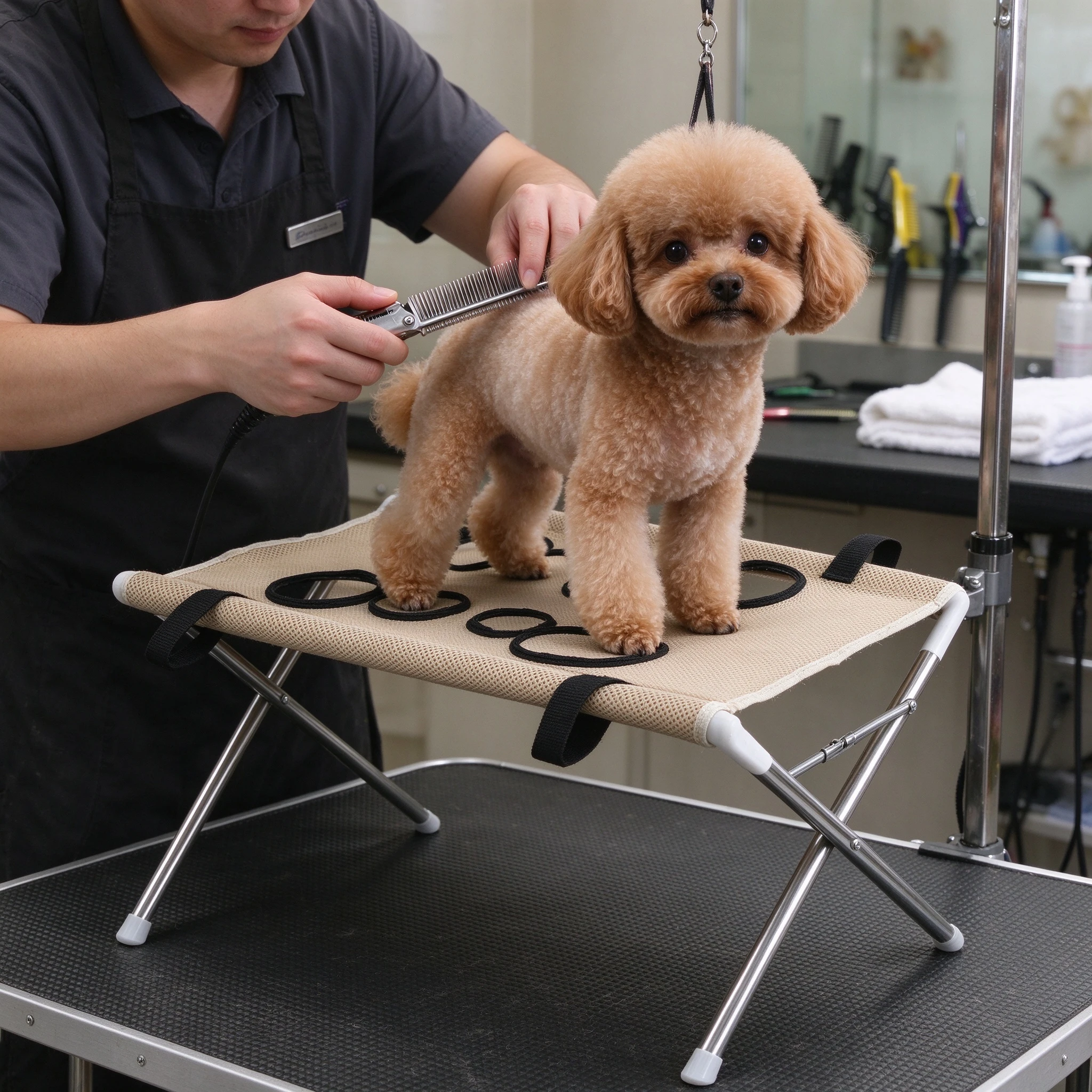 Hamaca de Peluquería para Mascotas 33 × 60 × 40 CM de Poliéster y Acero Inoxidable para Peluquería de Mascotas