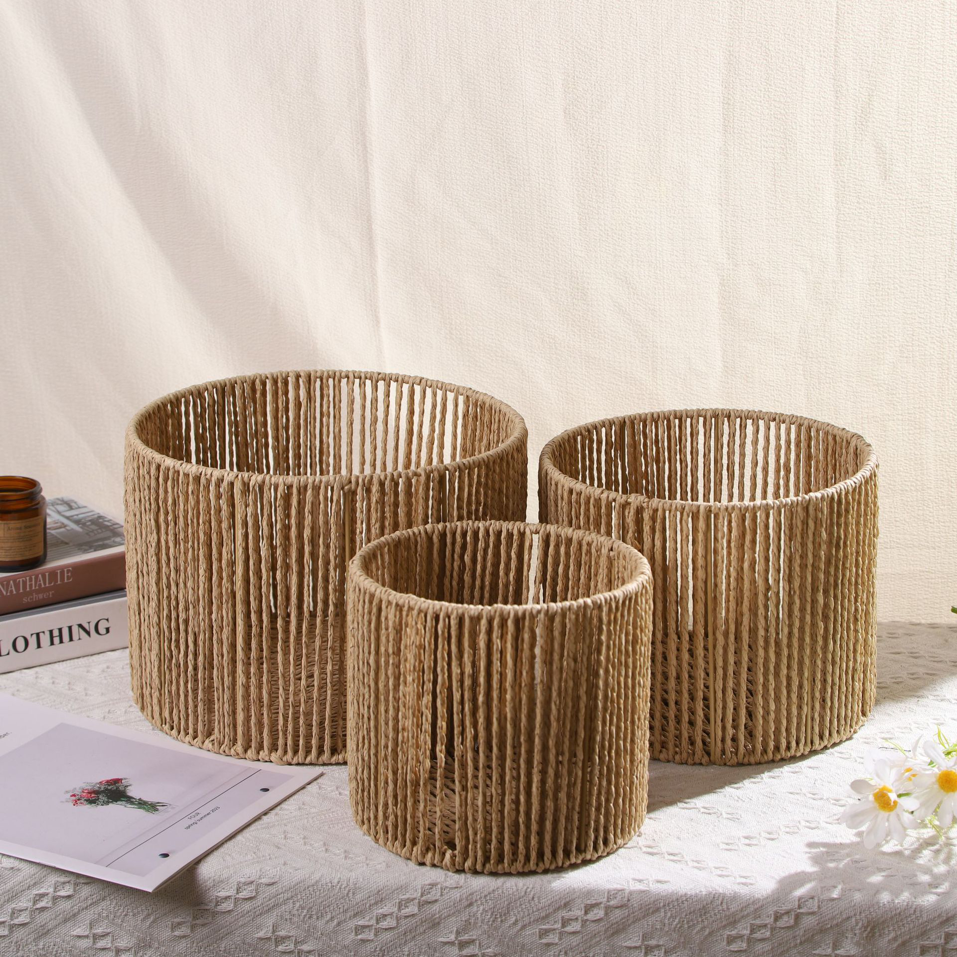 Set de 3 cestas de almacenamiento tejidas en papel beige