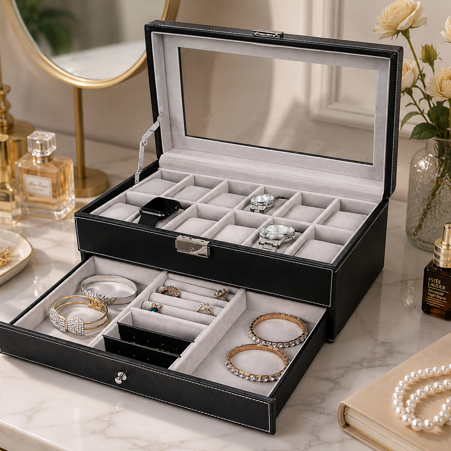 Caja de Joyas 32×20×13cm PU Negro