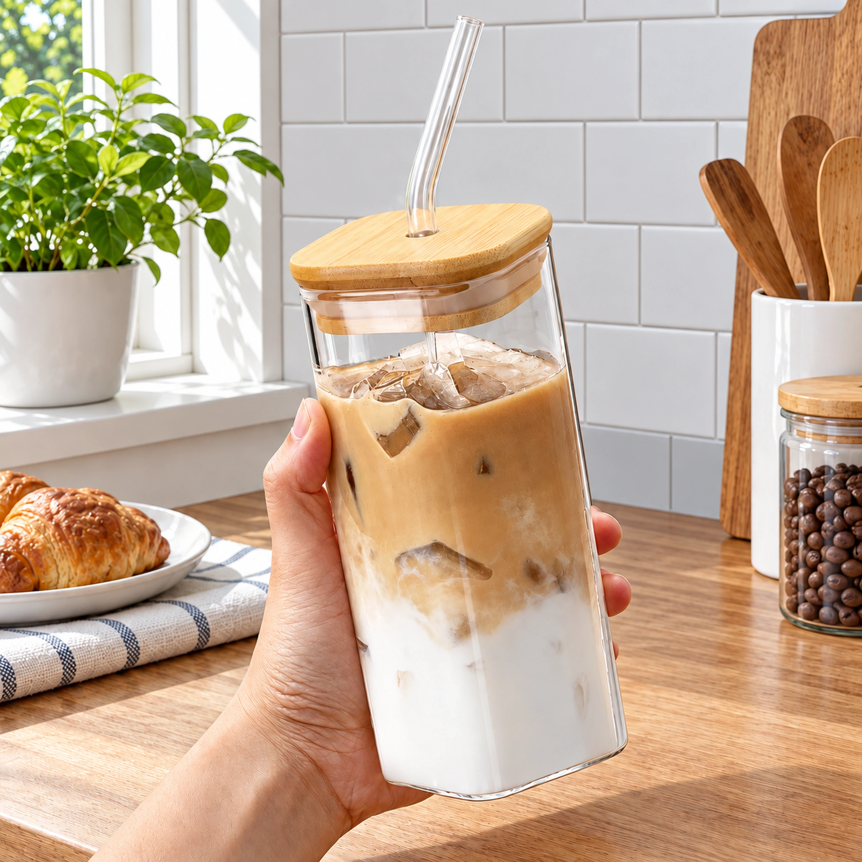 Taza de Café Vidrio + Tapa de Bambú y Madera para el Hogar image 1