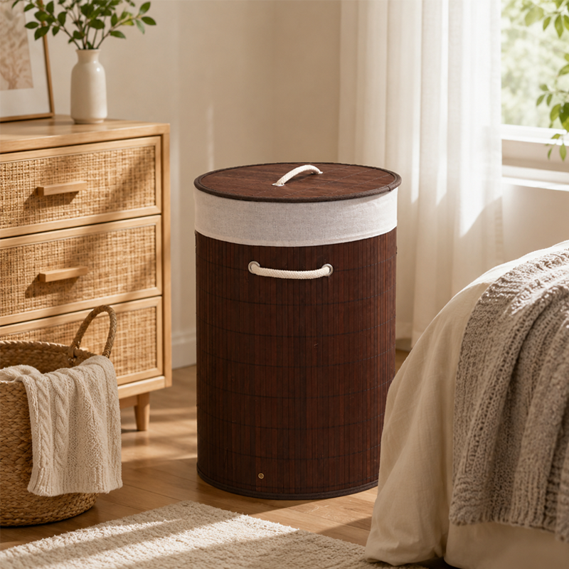 Cesto de Ropa Sucia 35*35*50cm Multitamaño Bambú con Tapa Plegable Café