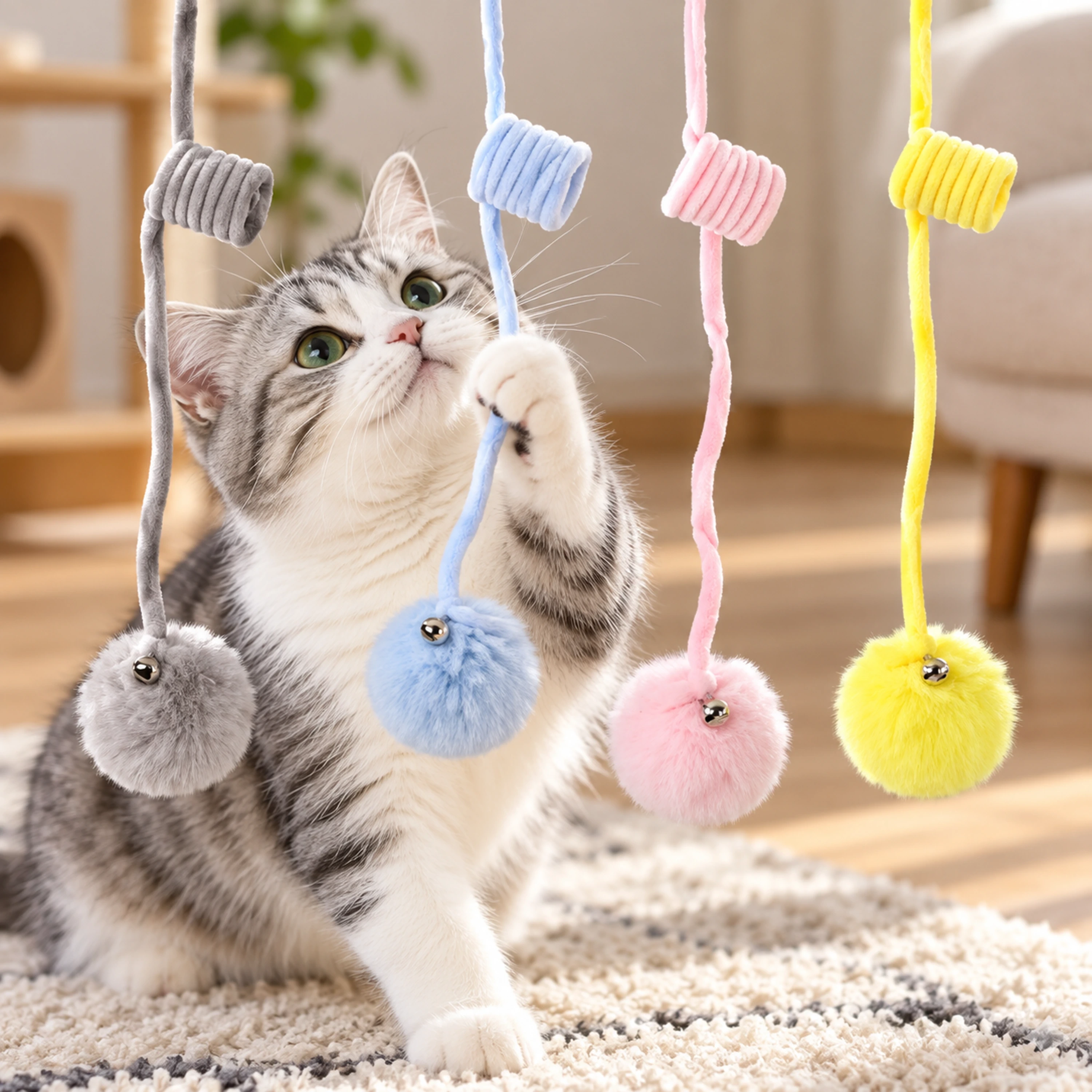Varita para gatos con bola de pelo de conejo 1.2m de felpa color rosa
