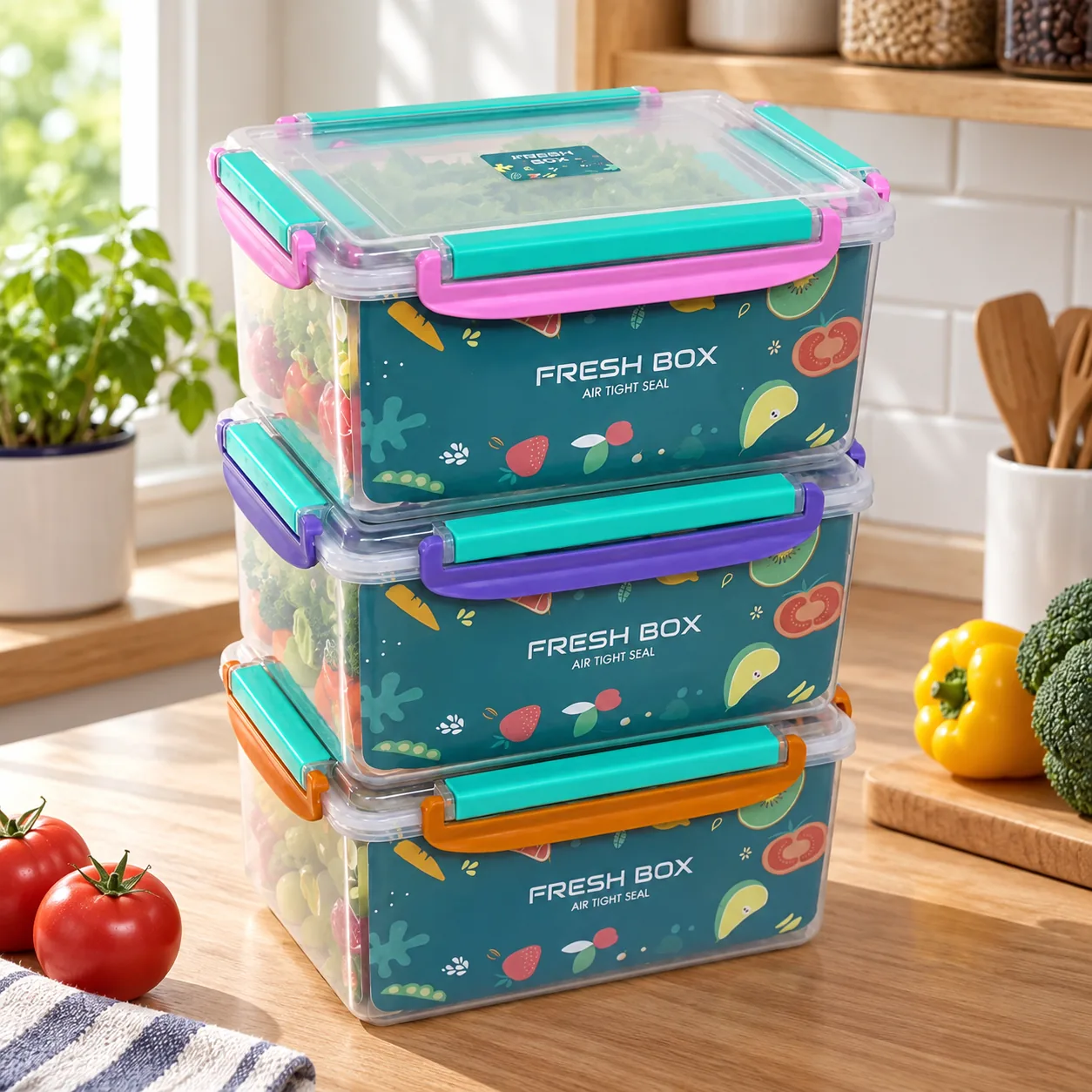 Juego de 3 Recipientes Herméticos de Plástico 500/1000/1500 ml, para Refrigerador y Microondas