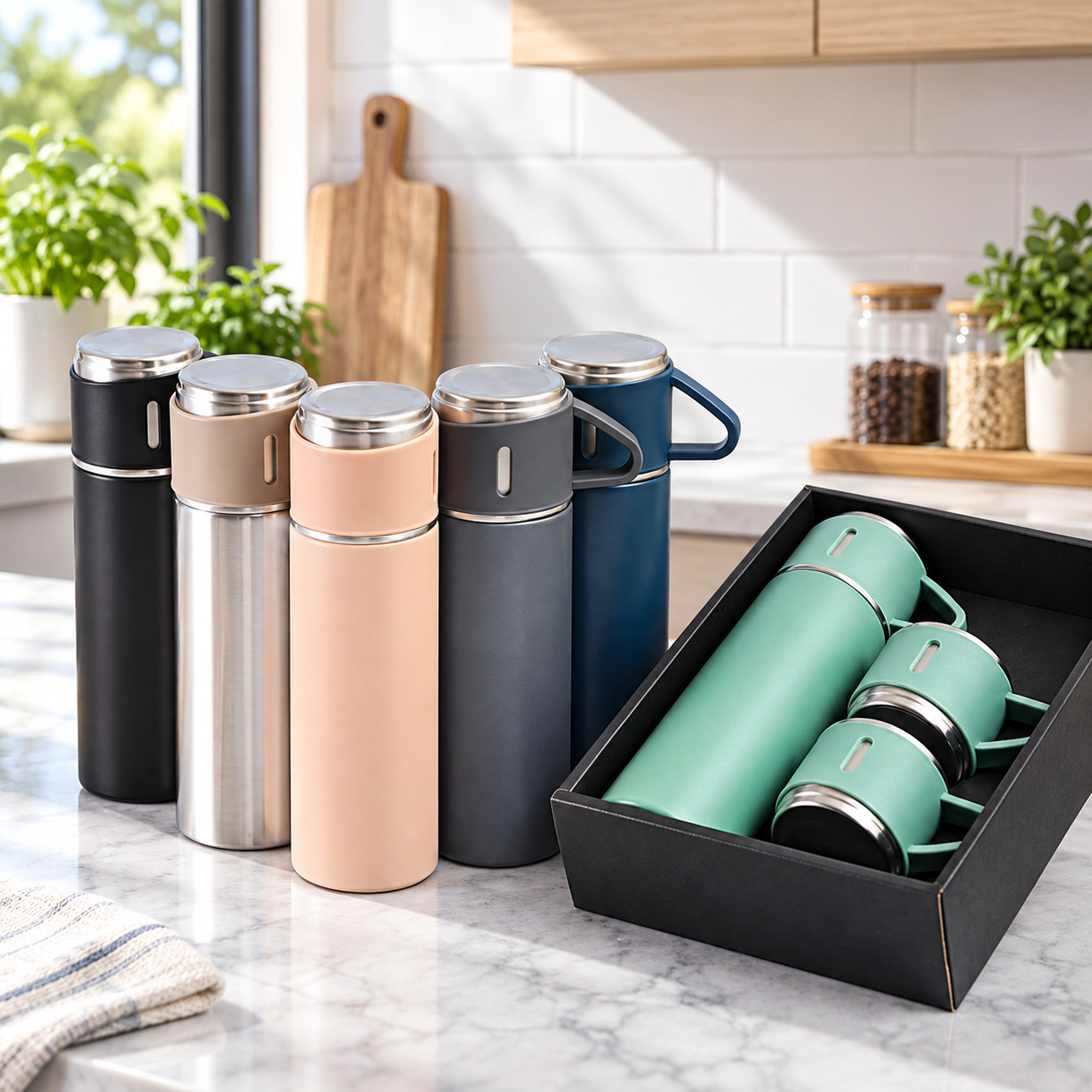 Set de Vaso Térmico con Caja de Regalo, 500 ml, Acero Inoxidable, 1 Vaso con 3 Tapas image 1