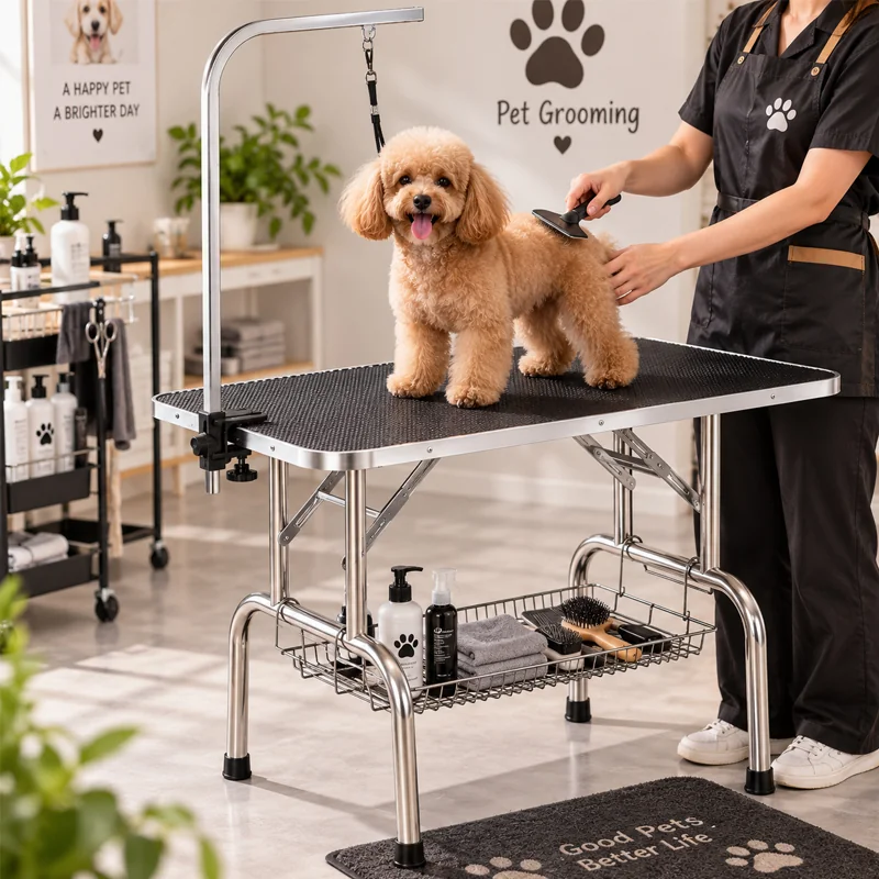 Mesa de Peluquería para Mascotas 81×51×76cm Acero Inoxidable Negro