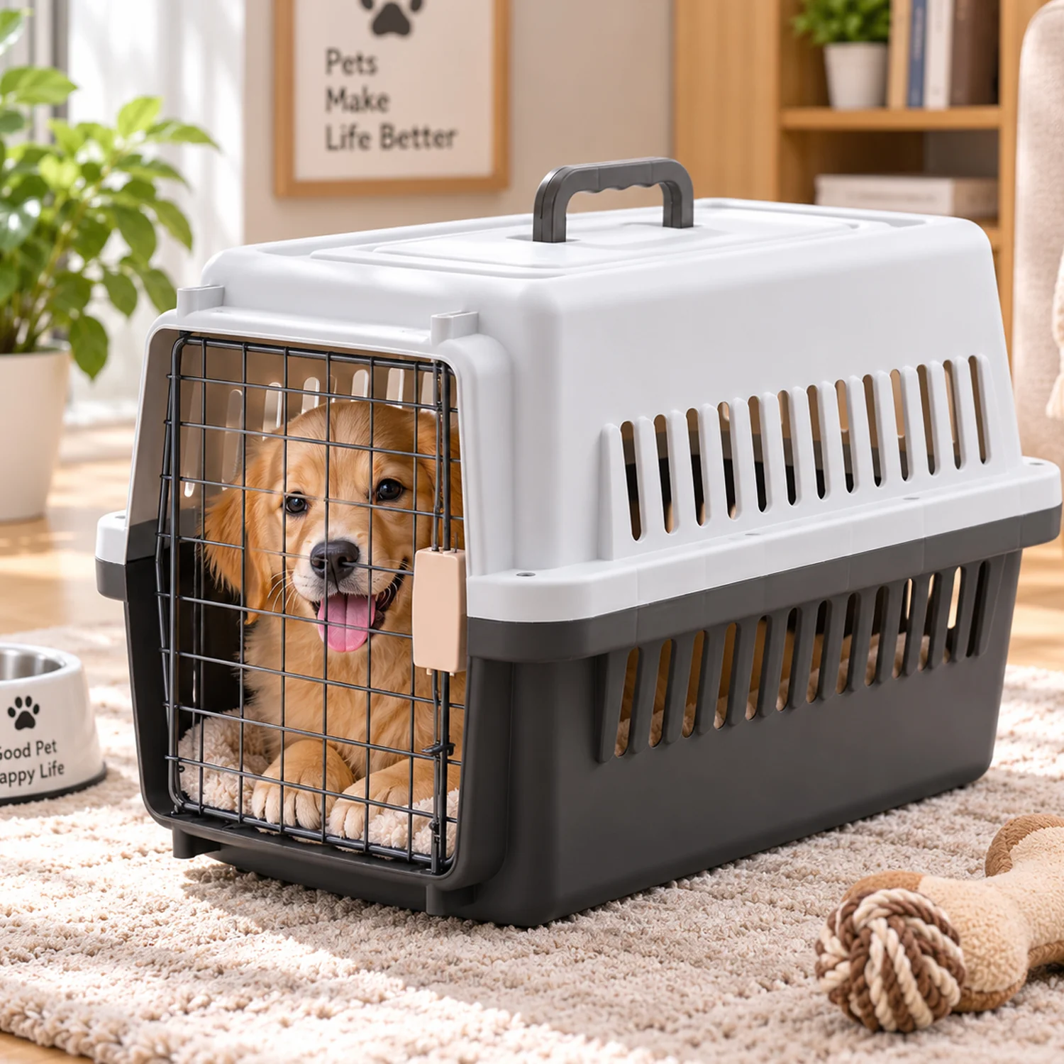 Transportadora Aérea para Mascotas 58×36×34cm Plástico Marrón