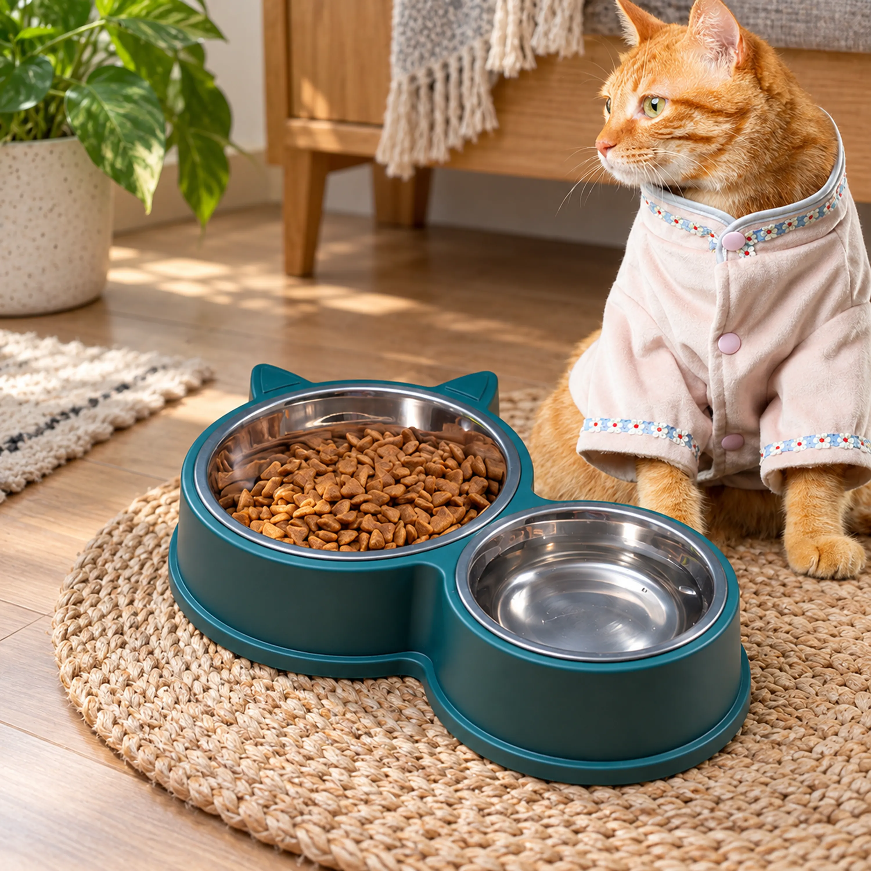 Comedero Doble con Diseño de Orejas de Gato para Perros y Gatos de Plástico + Acero Inoxidable Antivuelco Surtido