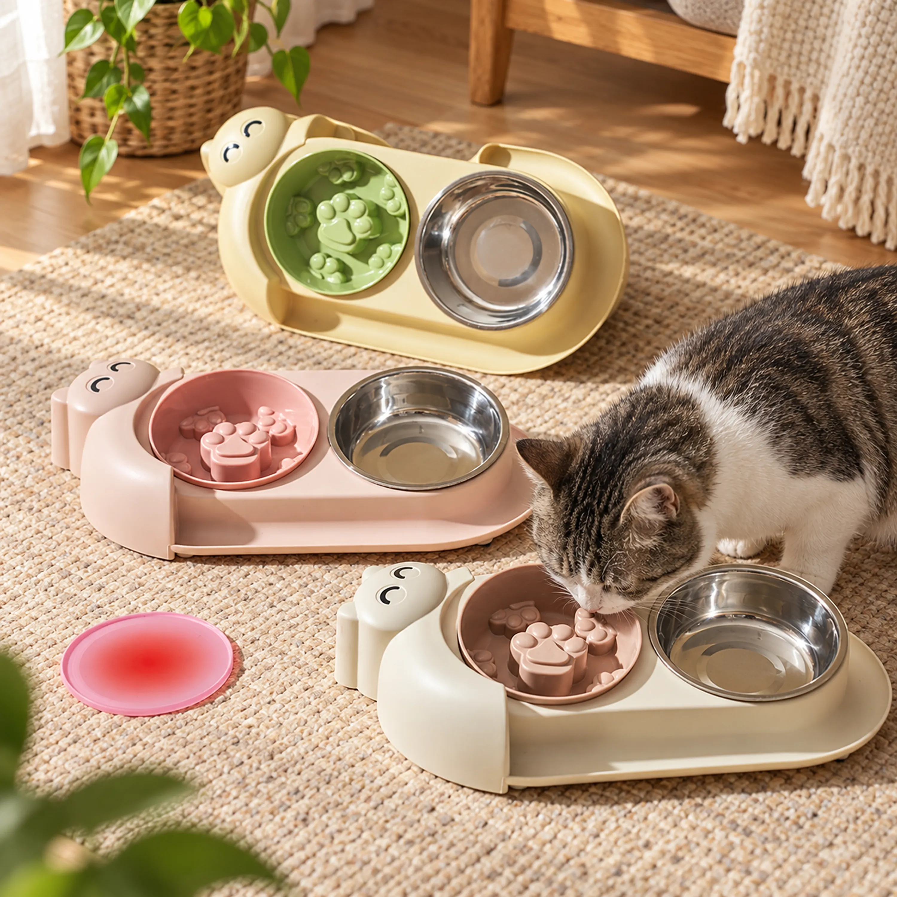 Comedero Doble para Perros y Gatos de Plástico + Acero Inoxidable Antivuelco Surtido image 1