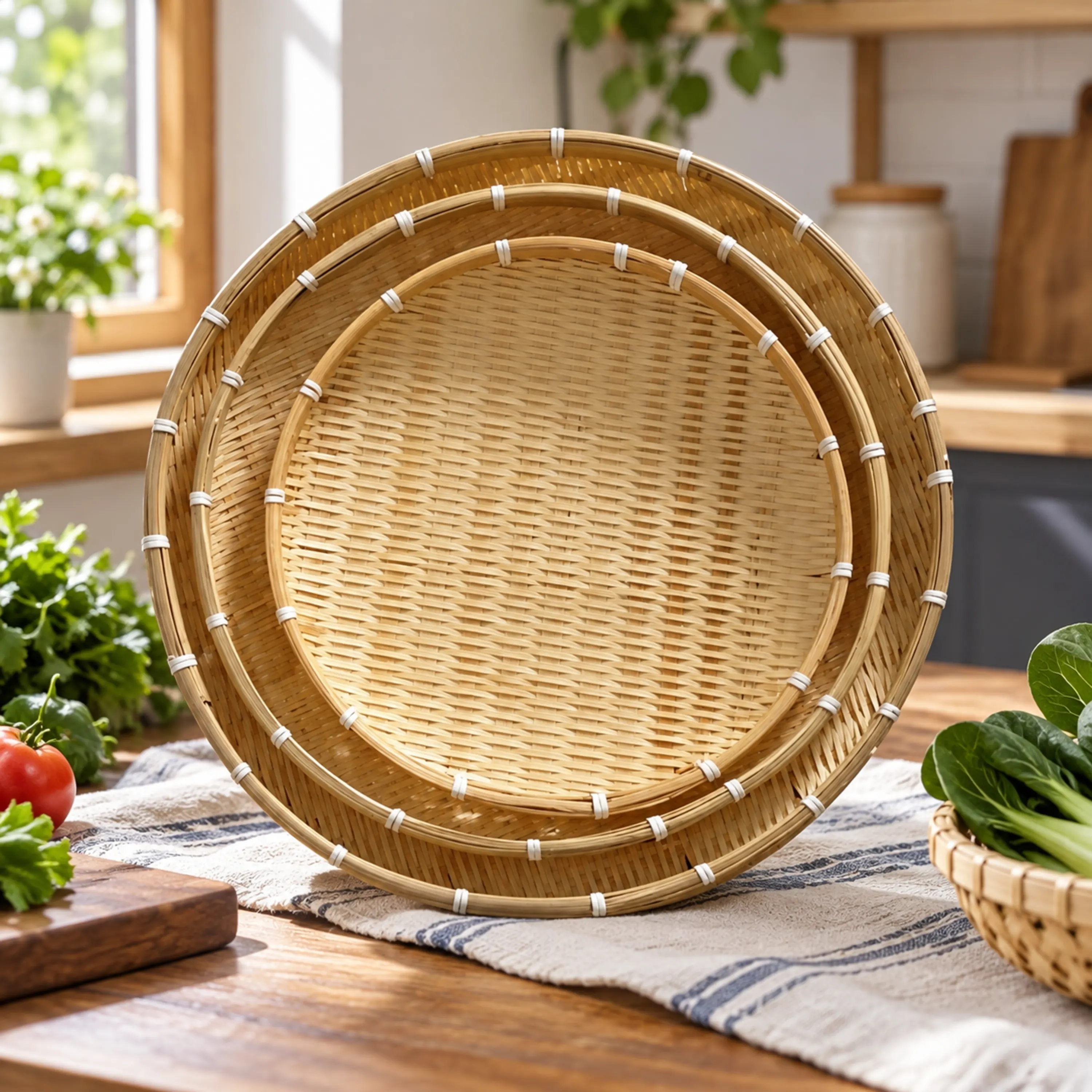 Cesta Cocina 35cm Paja con Malla 3 Piezas Madera