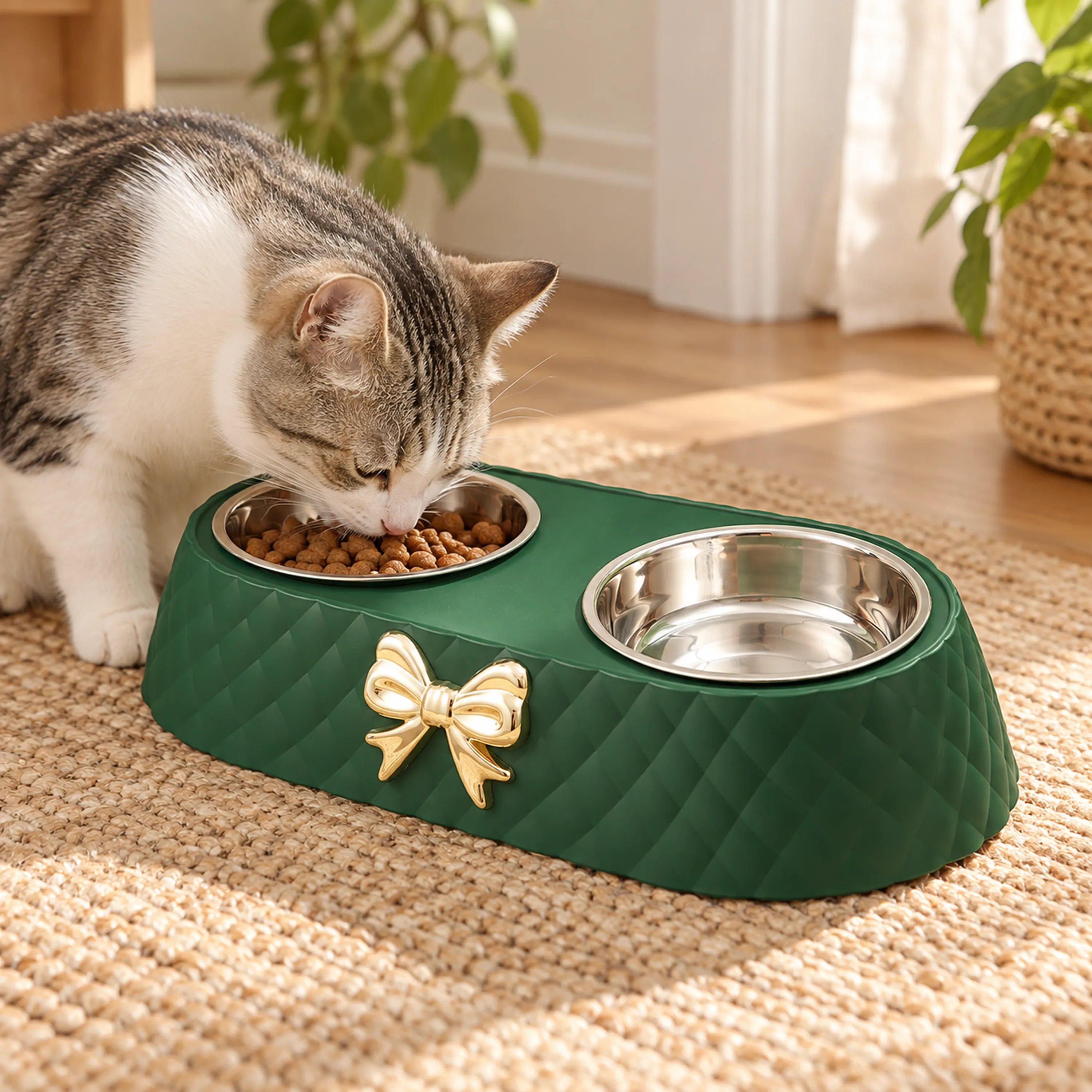Comedero Elevado Ergonómico para Gatos de Plástico + Acero Inoxidable Antivuelco Verde