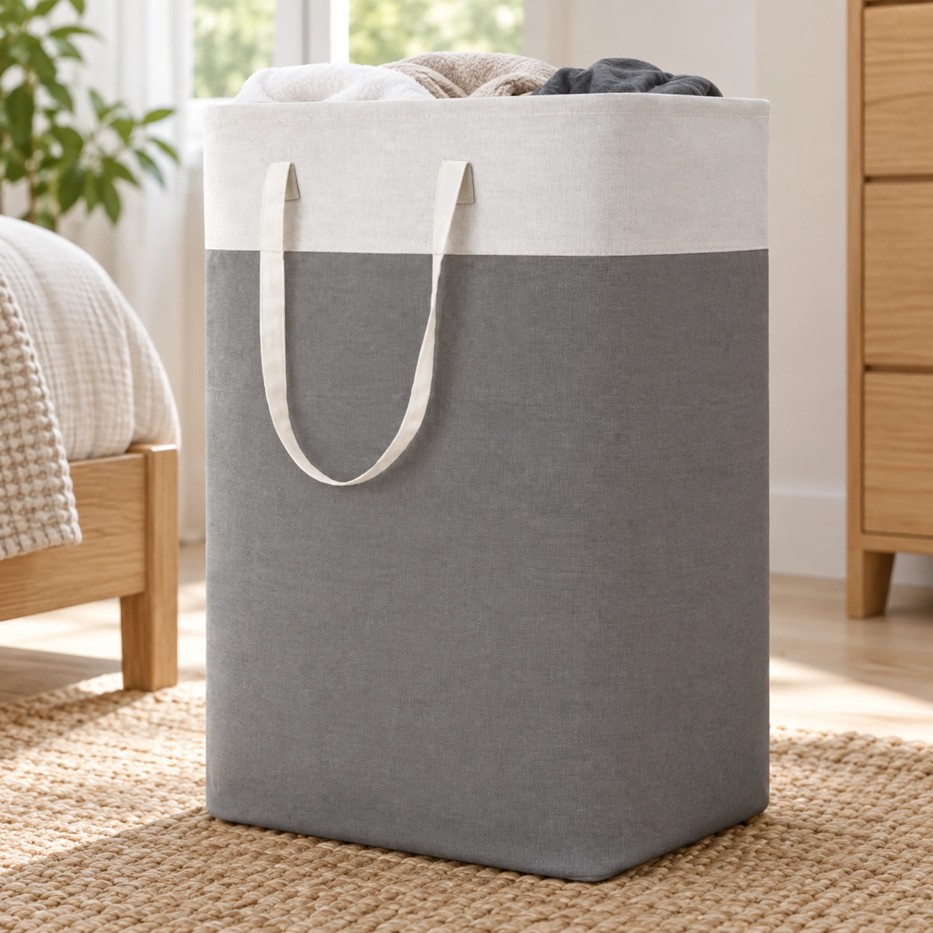 Cesto Plegable Hogar 100L Poliéster Gris y Blanco
