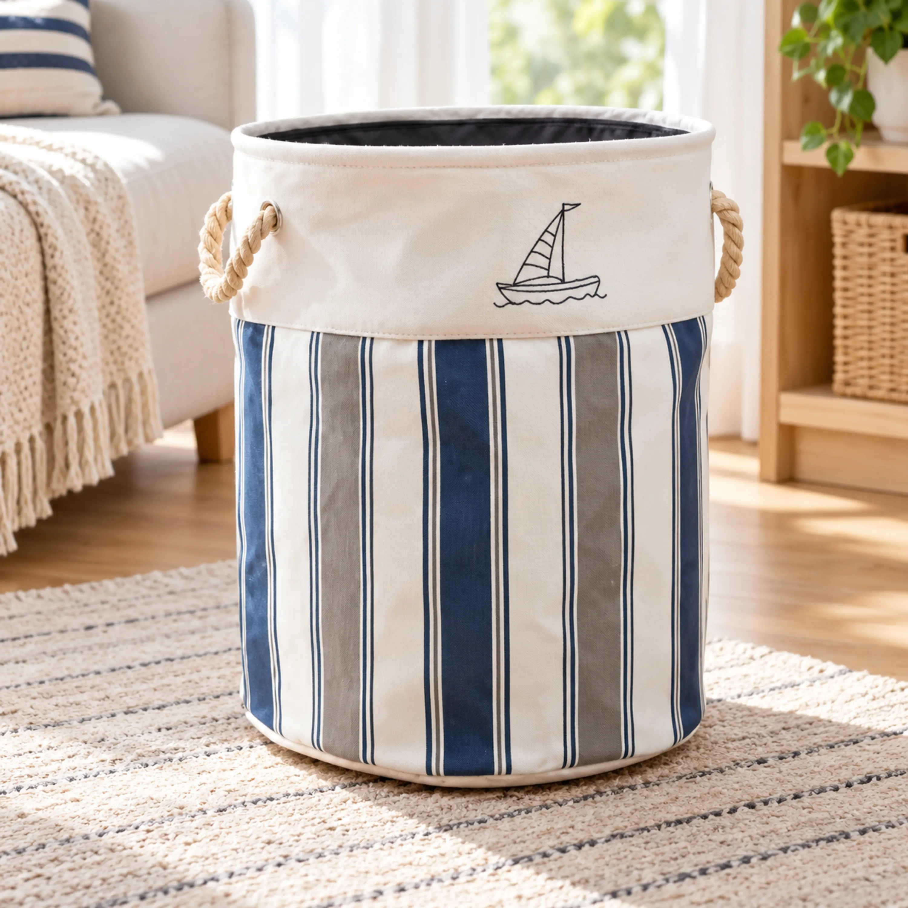 Cesto Plegable Hogar 35x25x39cm Tela No Tejida Azul y Blanco