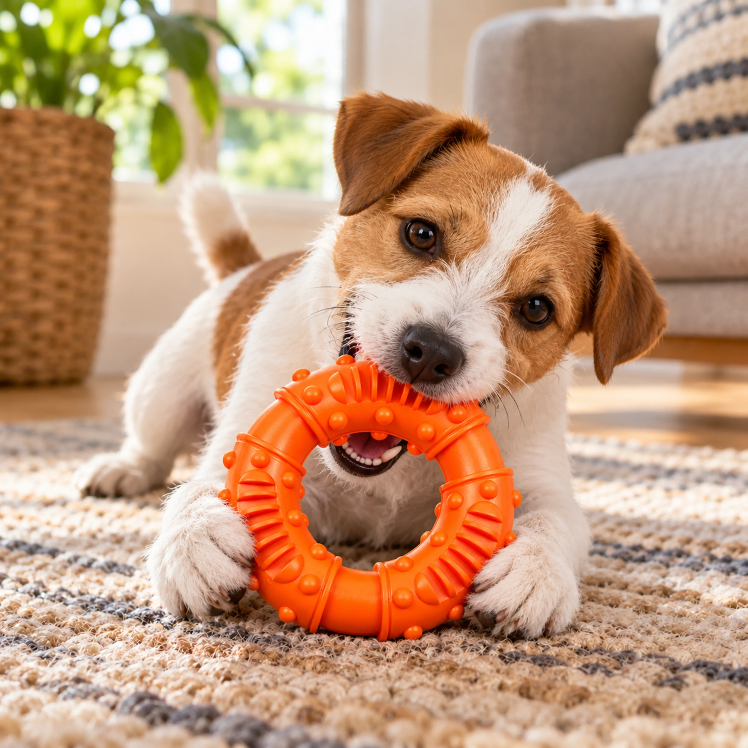Juguete Mordedor Balón Sonoro para Perros 13x13x4cm de Plástico Naranja
