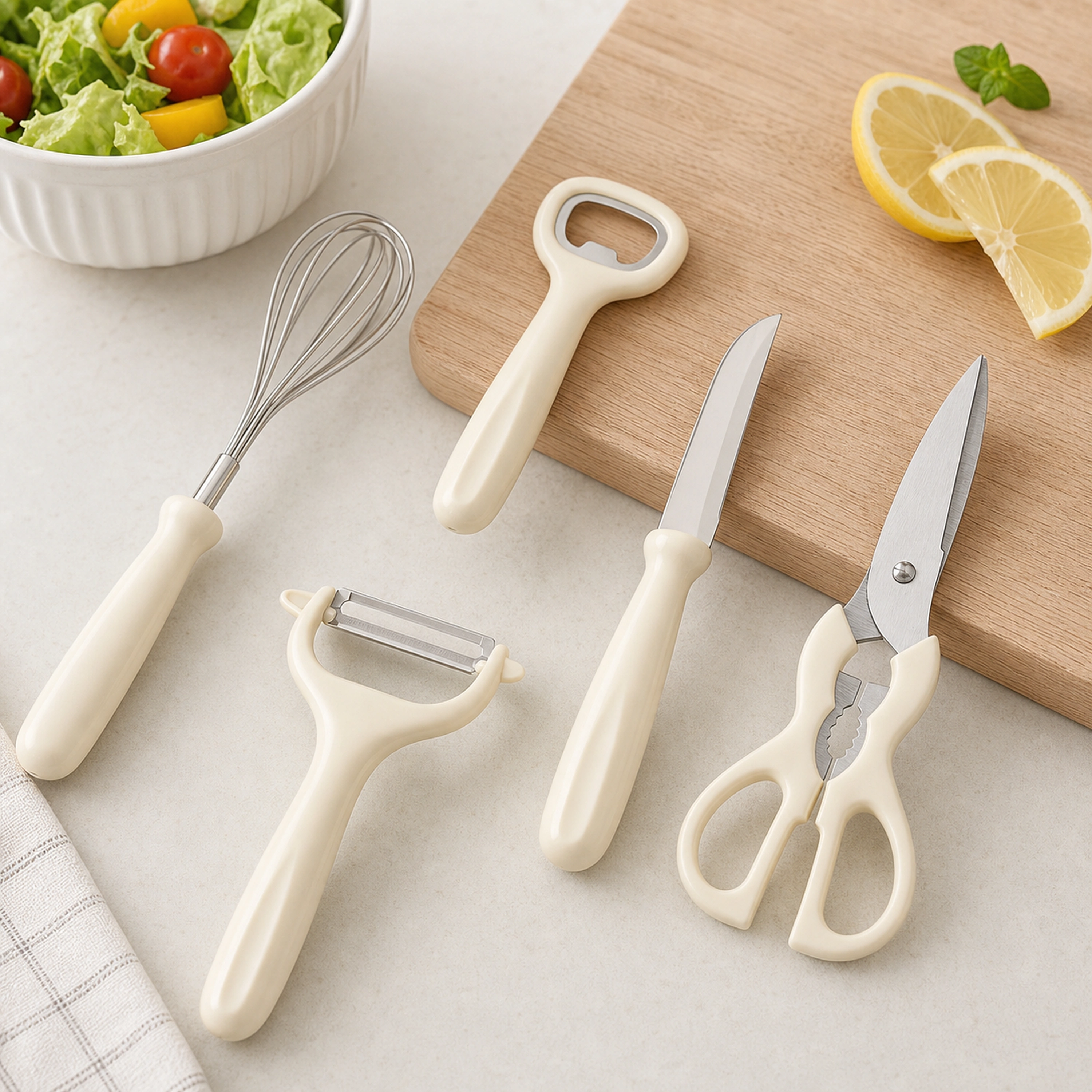 Set de utensilios de cocina de plástico, 5 piezas con base