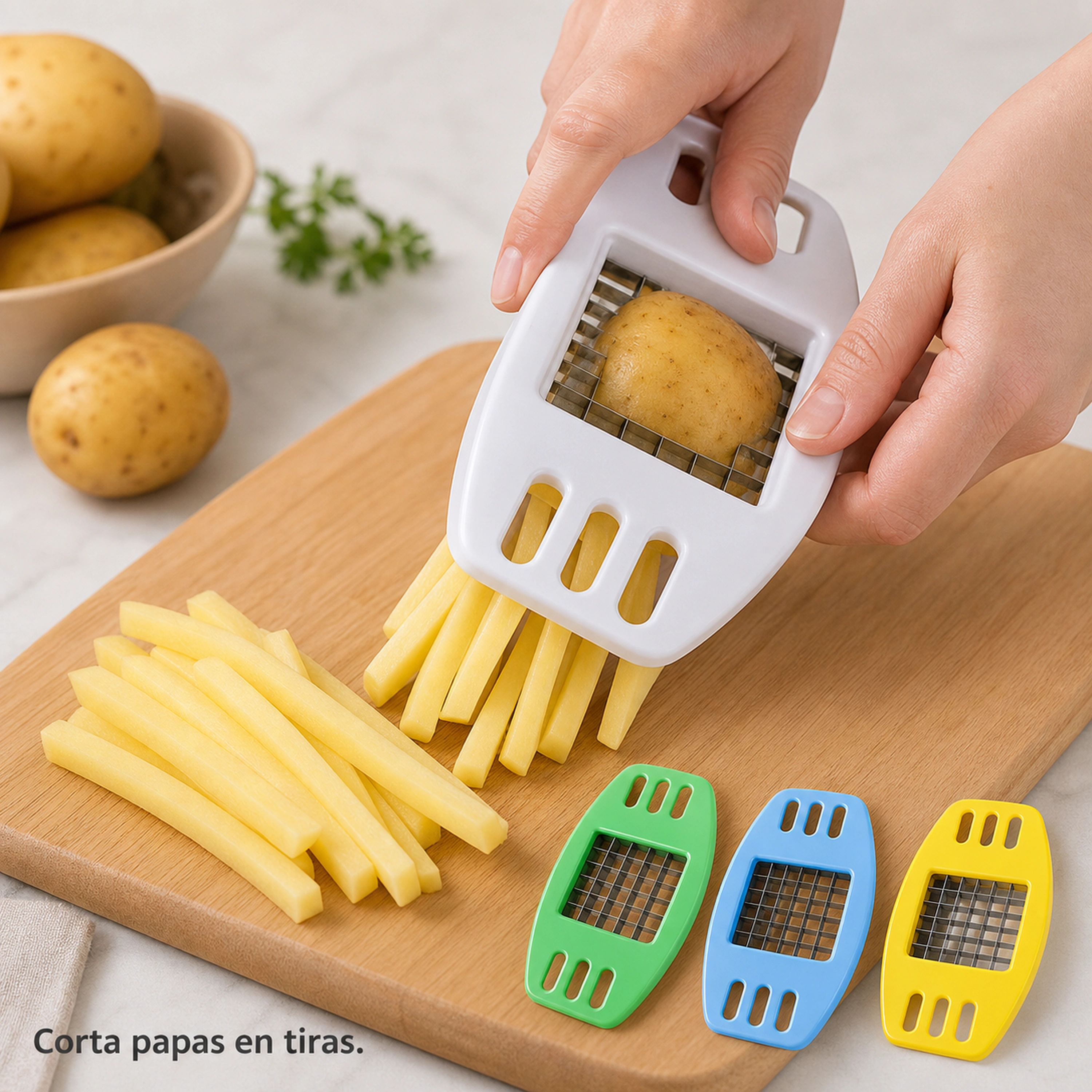 Cortador de papas fritas de acero inoxidable y plástico