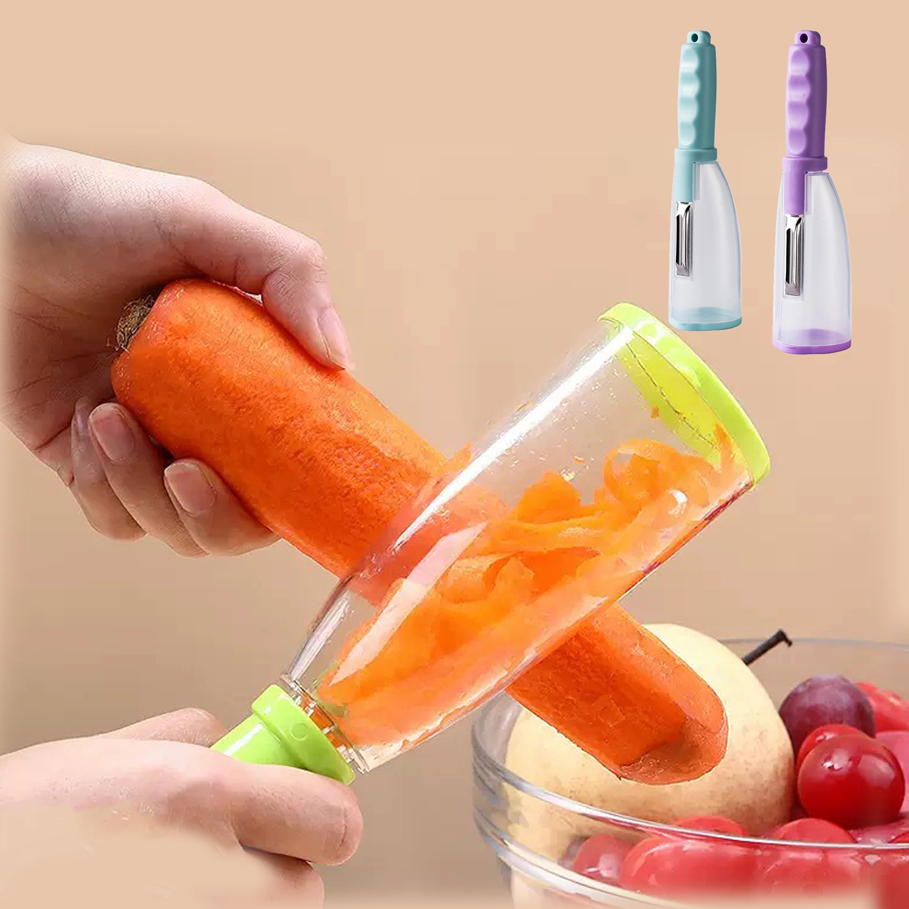 Pelador multifuncional con recolector de acero inoxidable y plástico