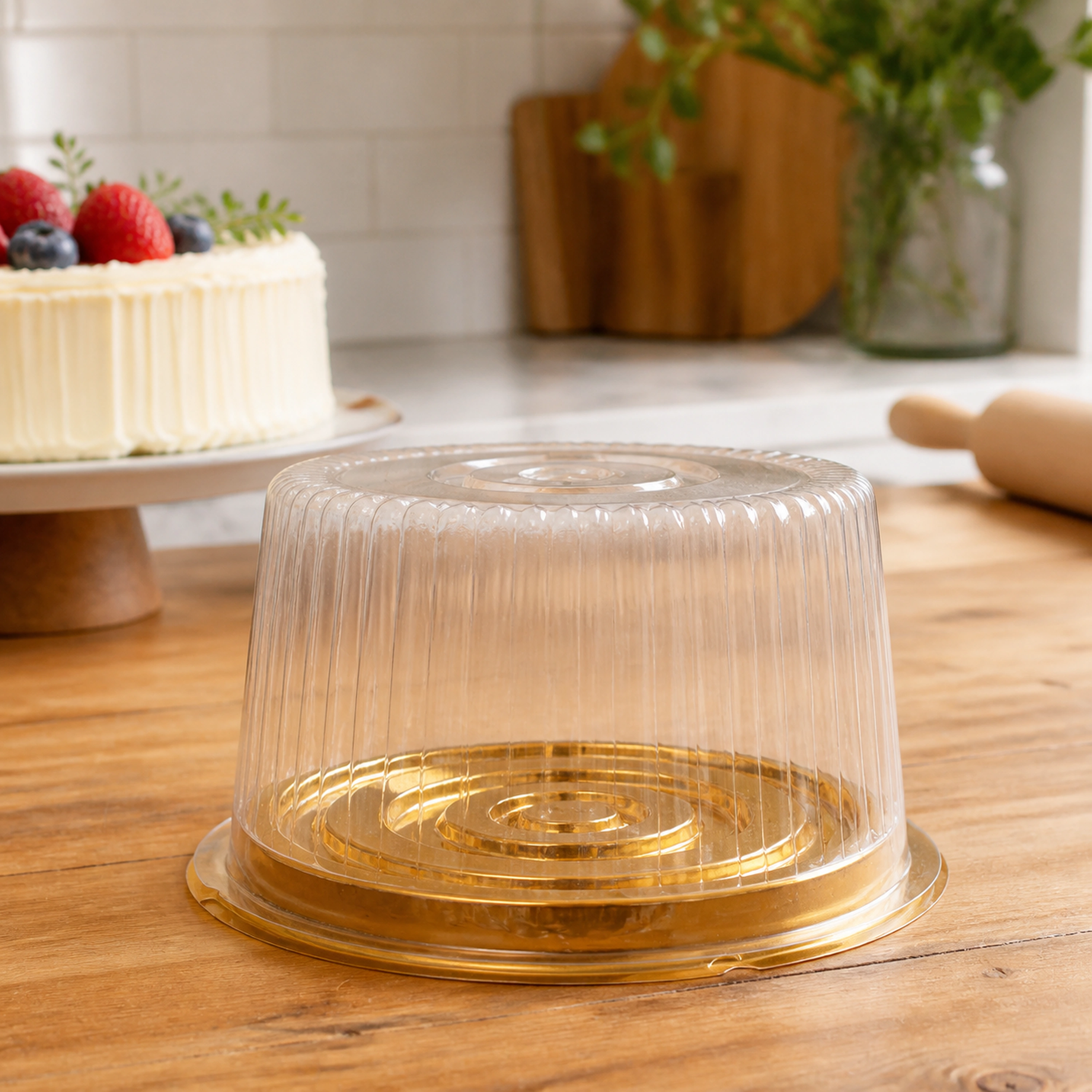 Caja Redonda para Pastel Transparente con Bandeja de Plástico 23x7.5 cm (50 uds)