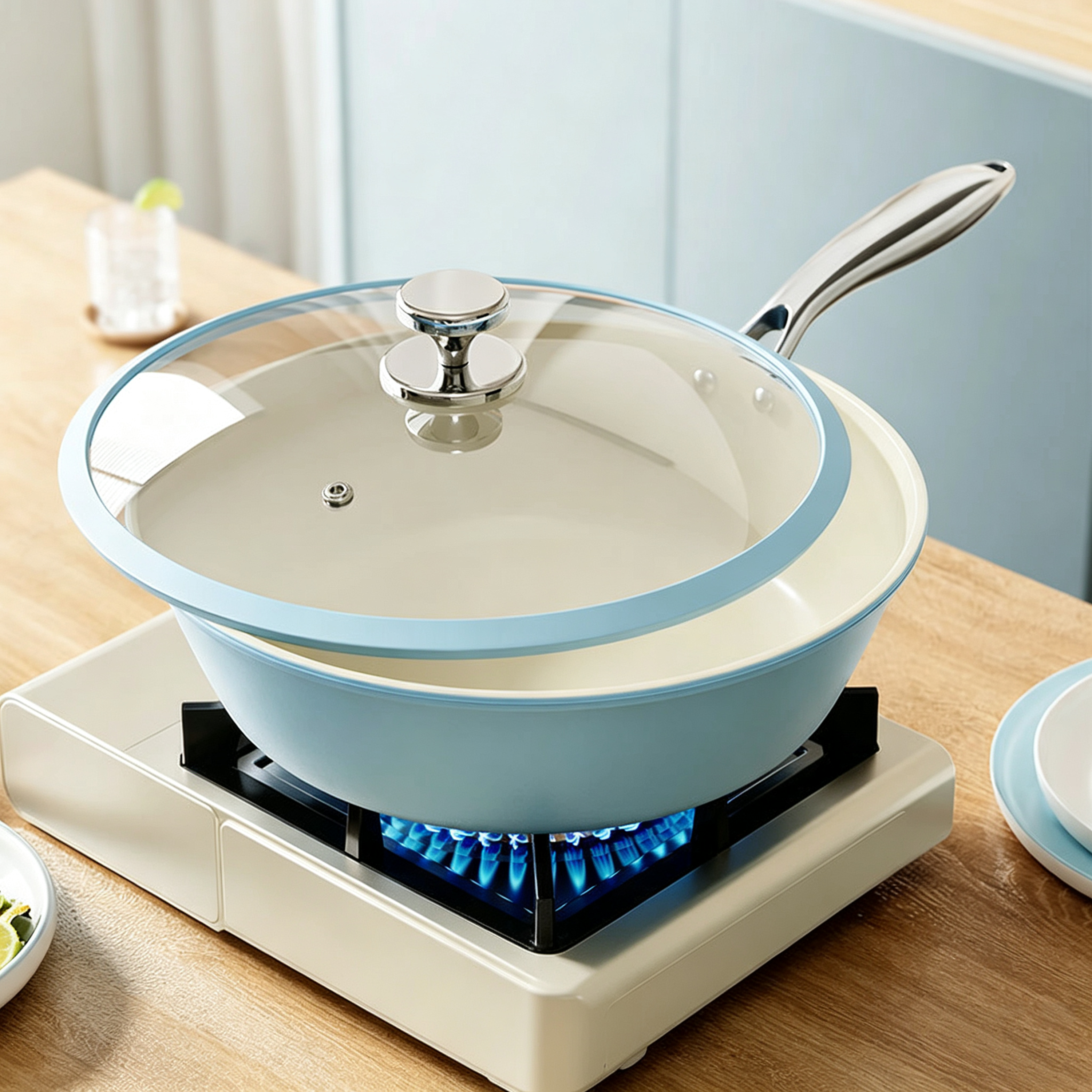 Sartén Antiadherente de Cerámica Color Azul para Cocina Doméstica