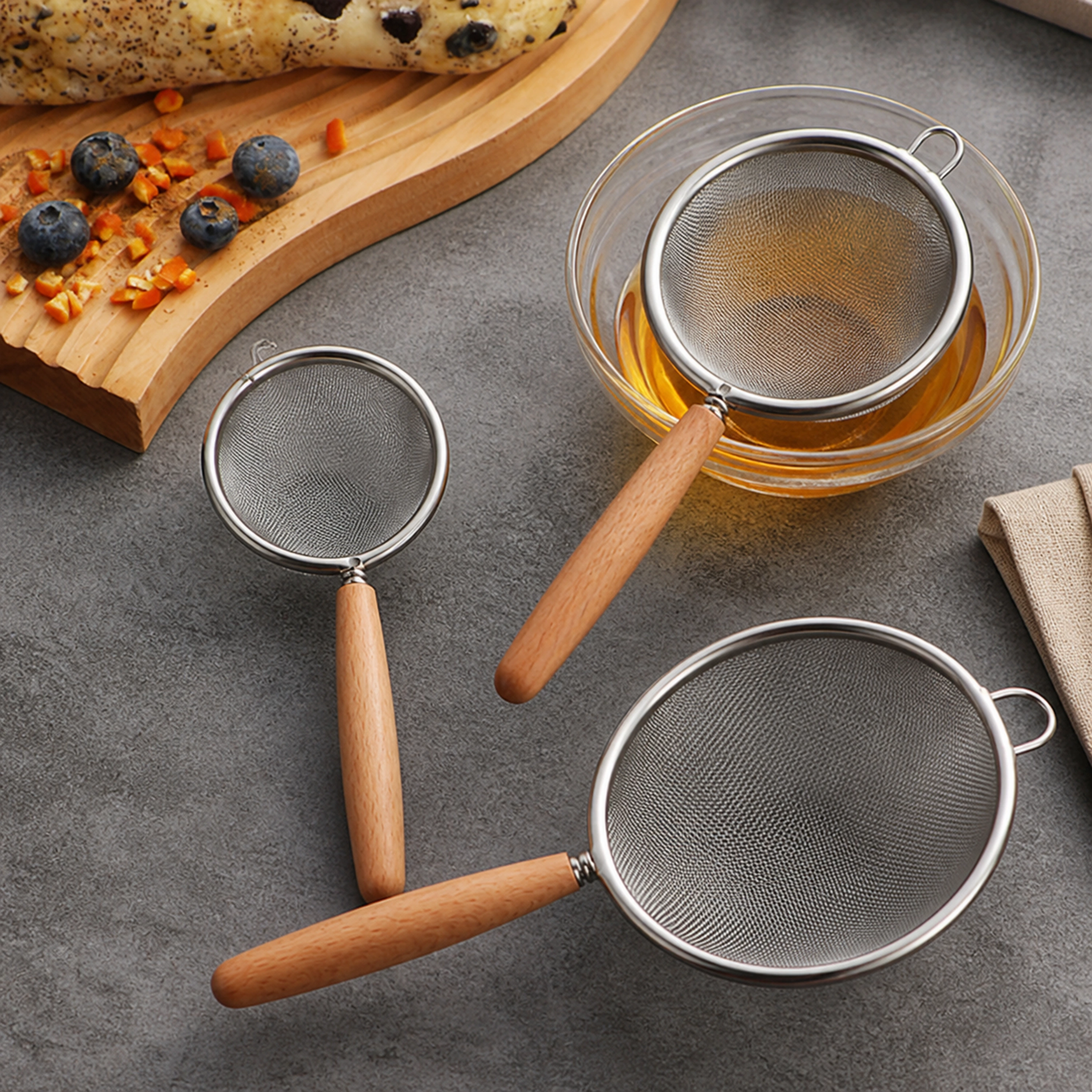 Colador de acero inoxidable 304 tamanos pequeno mediano grande para filtrar y sacar en cocina