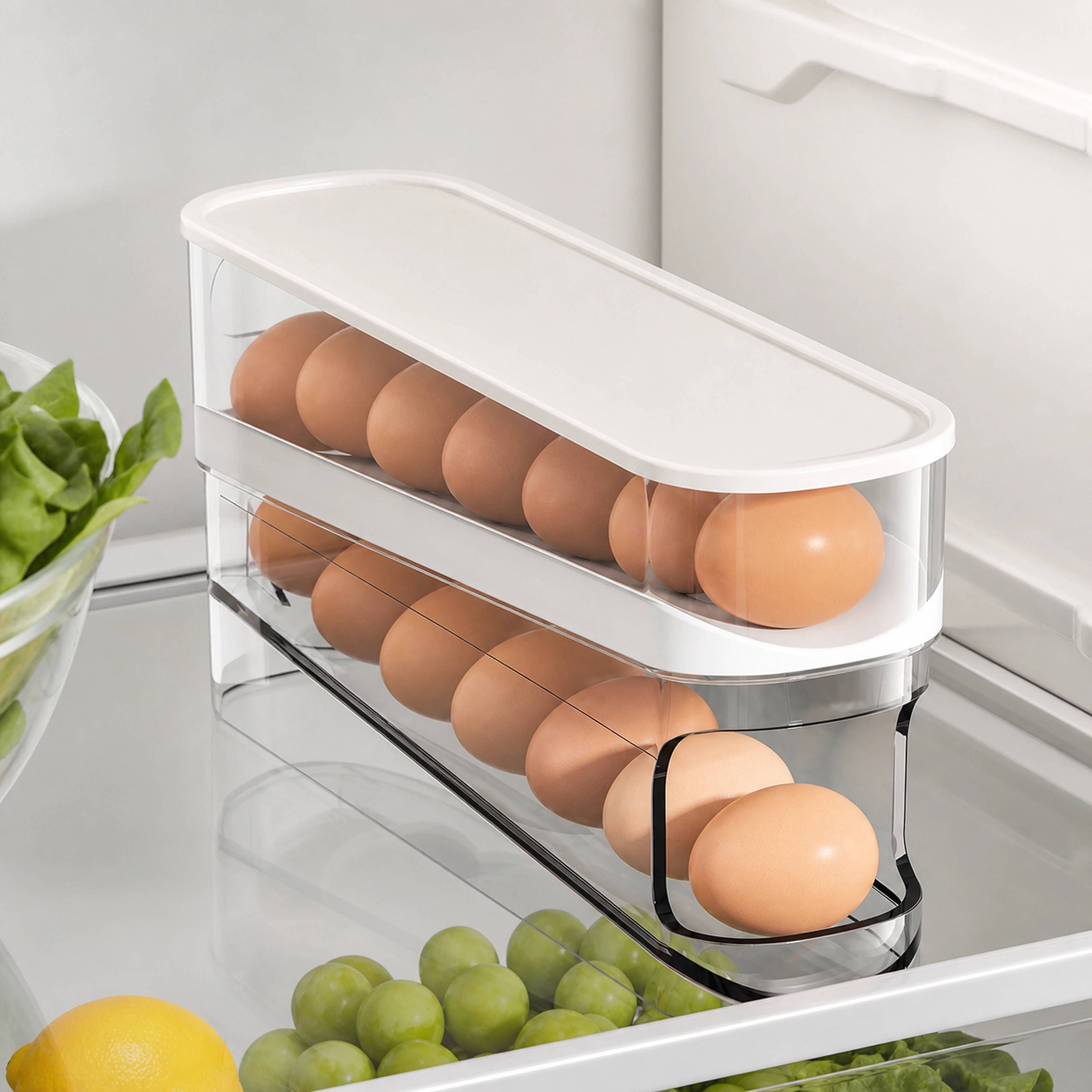 Organizador huevos plástico rodante para refrigerador con tapa