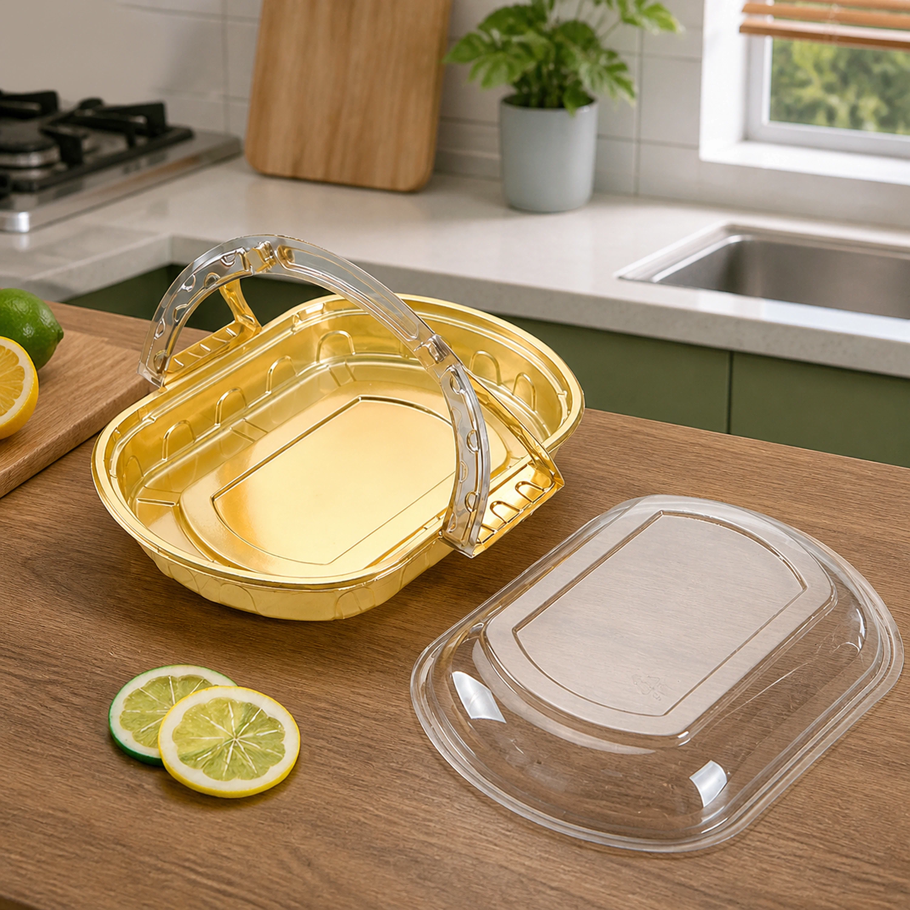 Caja Portátil para Frutas Dorada con Tapa Transparente y Asa de Plástico 27x22x6 cm (50 uds)