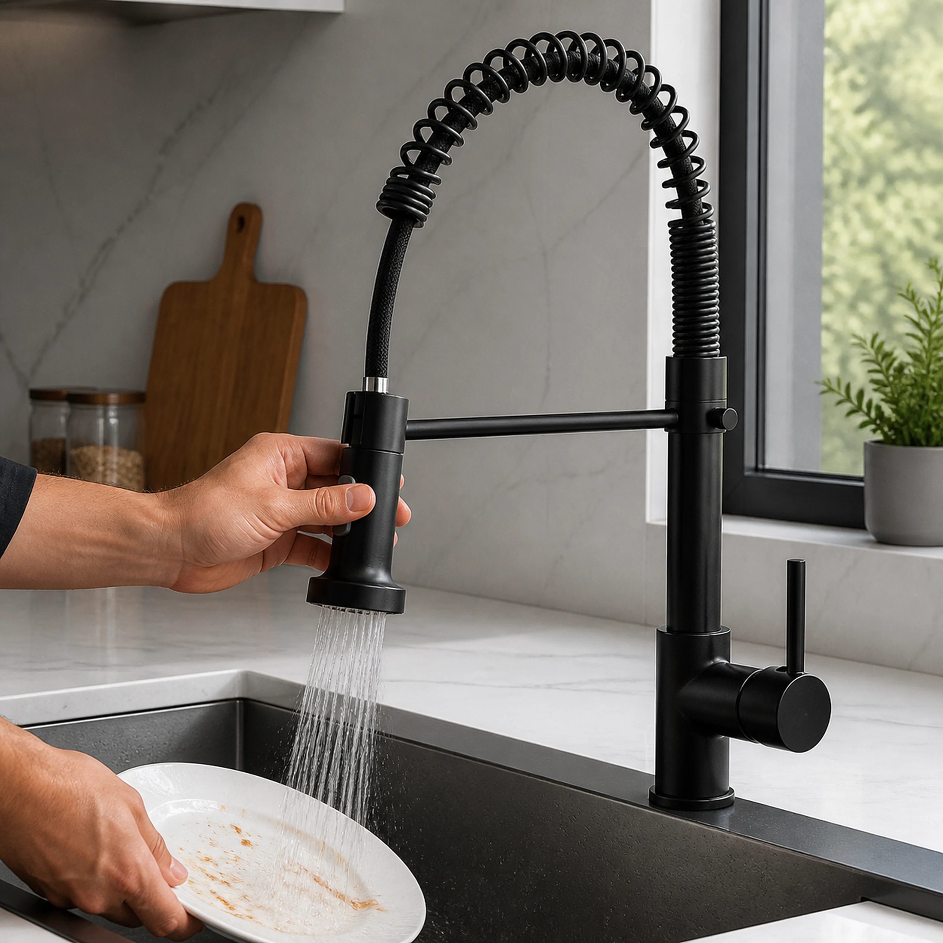 Grifo de Cocina con Resorte Extraíble de Acero Inoxidable Negro