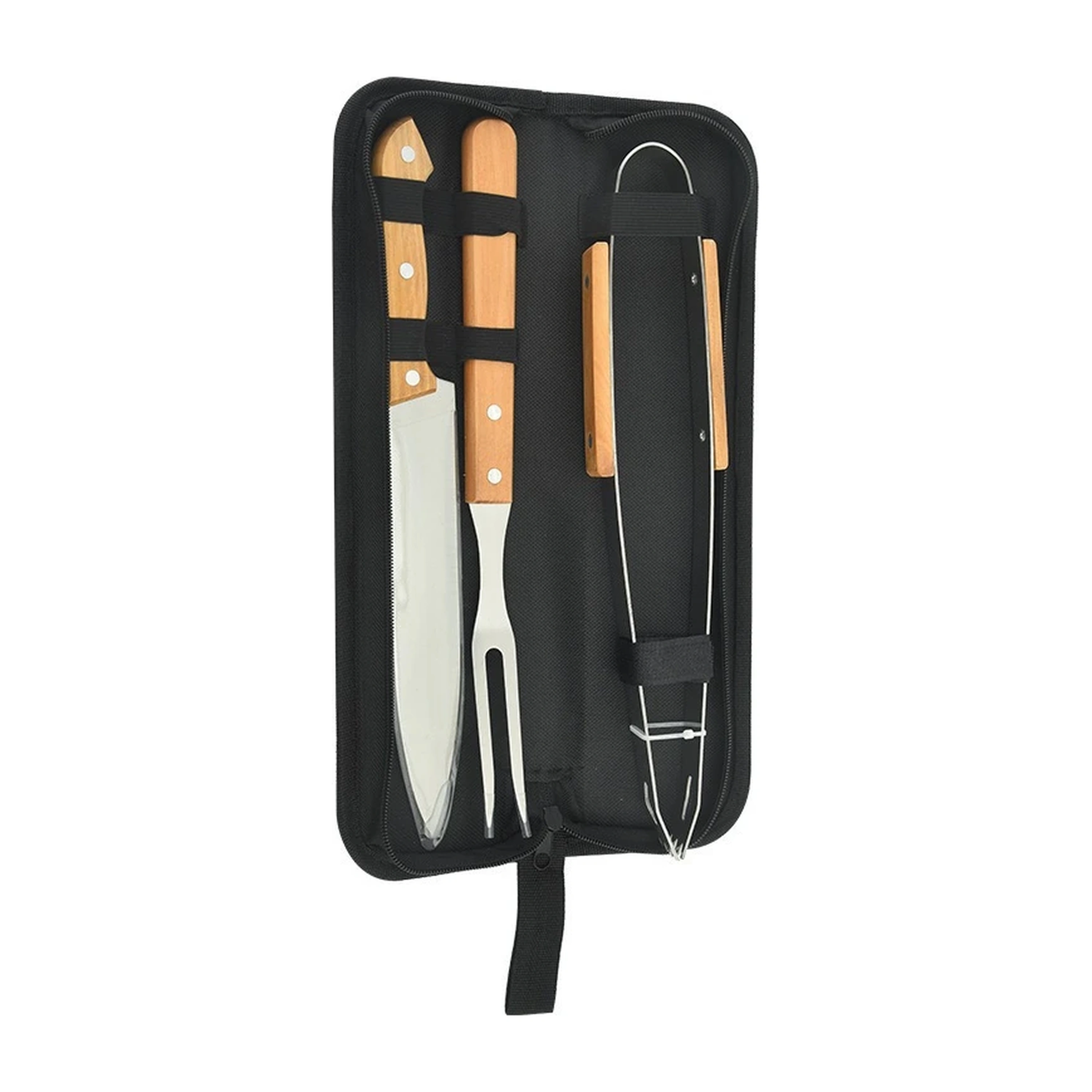 Set BBQ acero inoxidable mango madera portátil camping 3 piezas