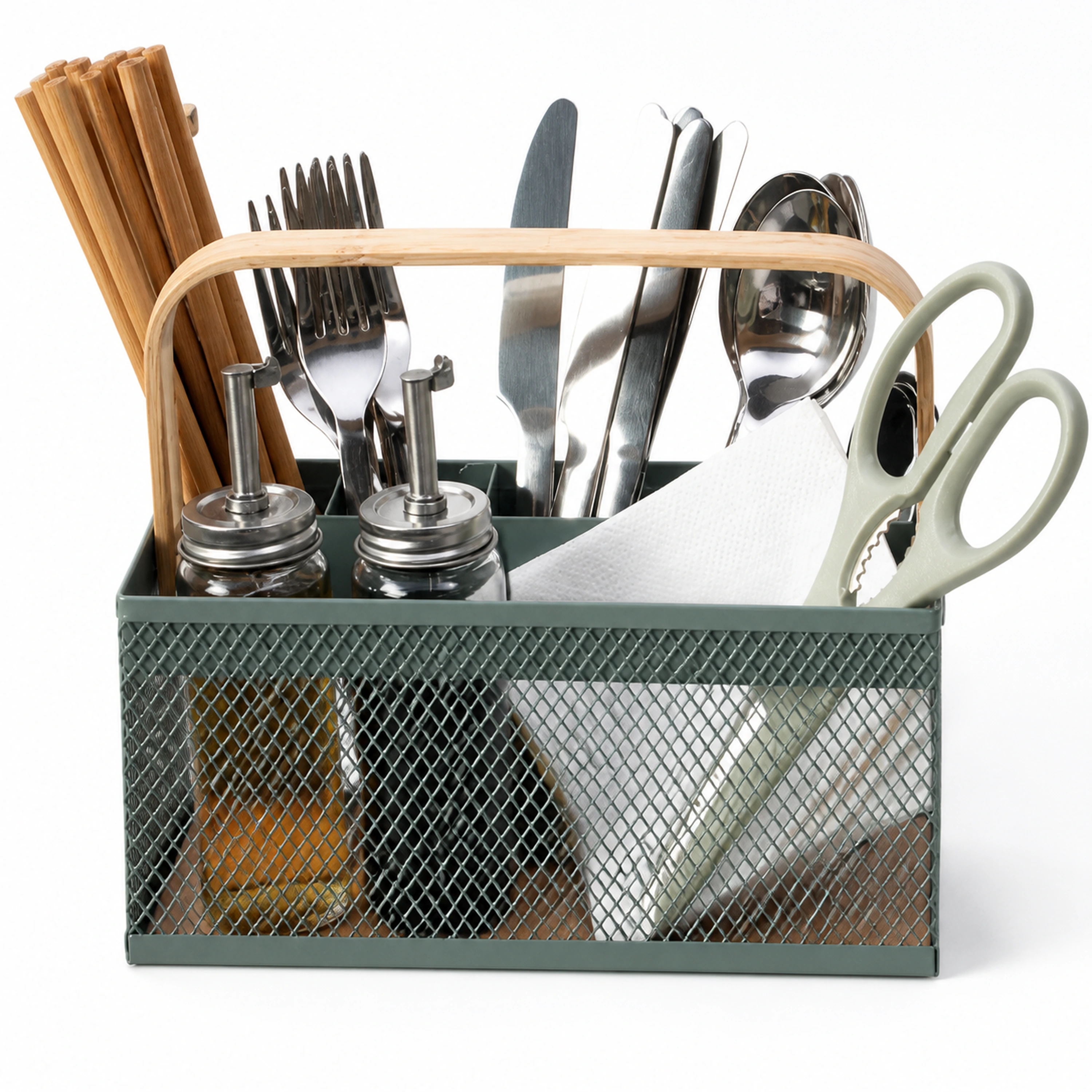 Canasta organizadora metálica mango madera escritorio 22cm