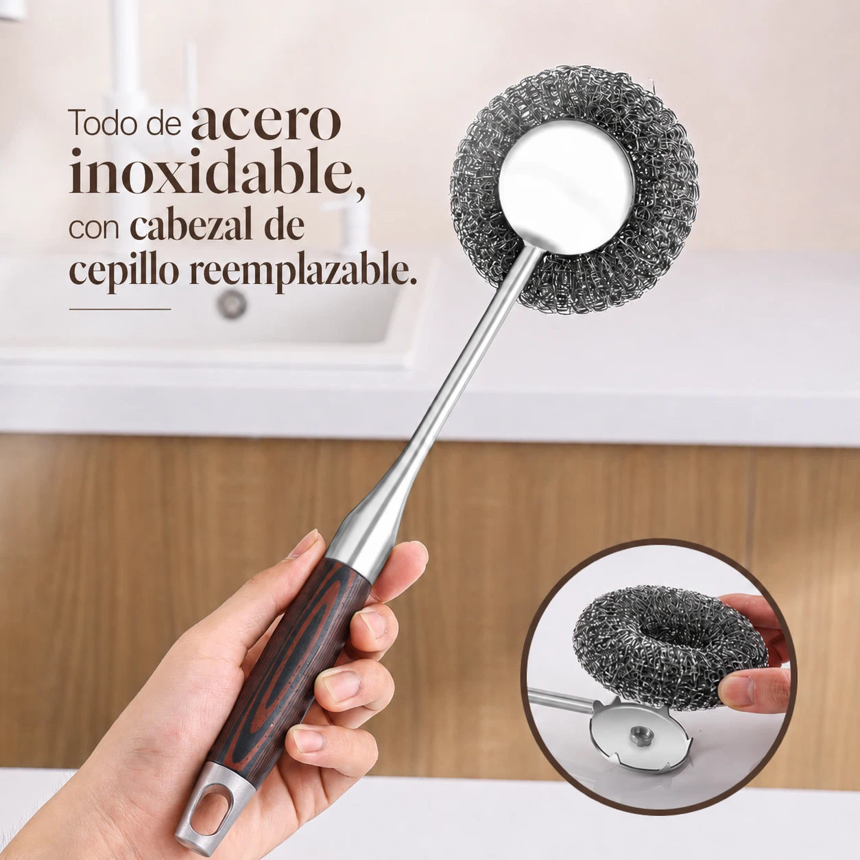 Cepillo para Ollas de Acero Inoxidable con Mango Largo sin Rayar