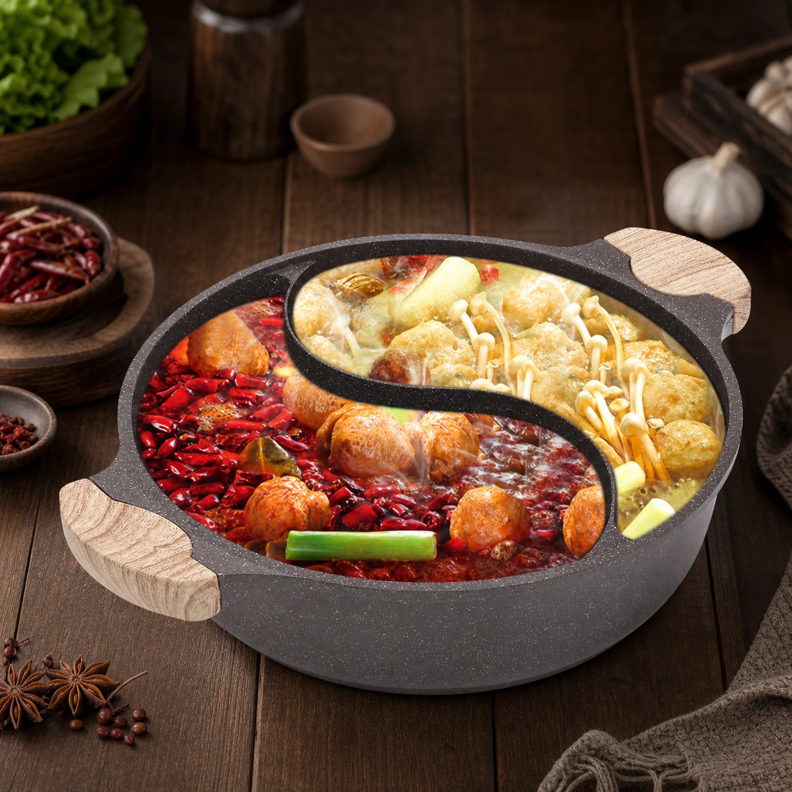Olla Hot Pot de Aluminio con Tapa de Vidrio de Doble División